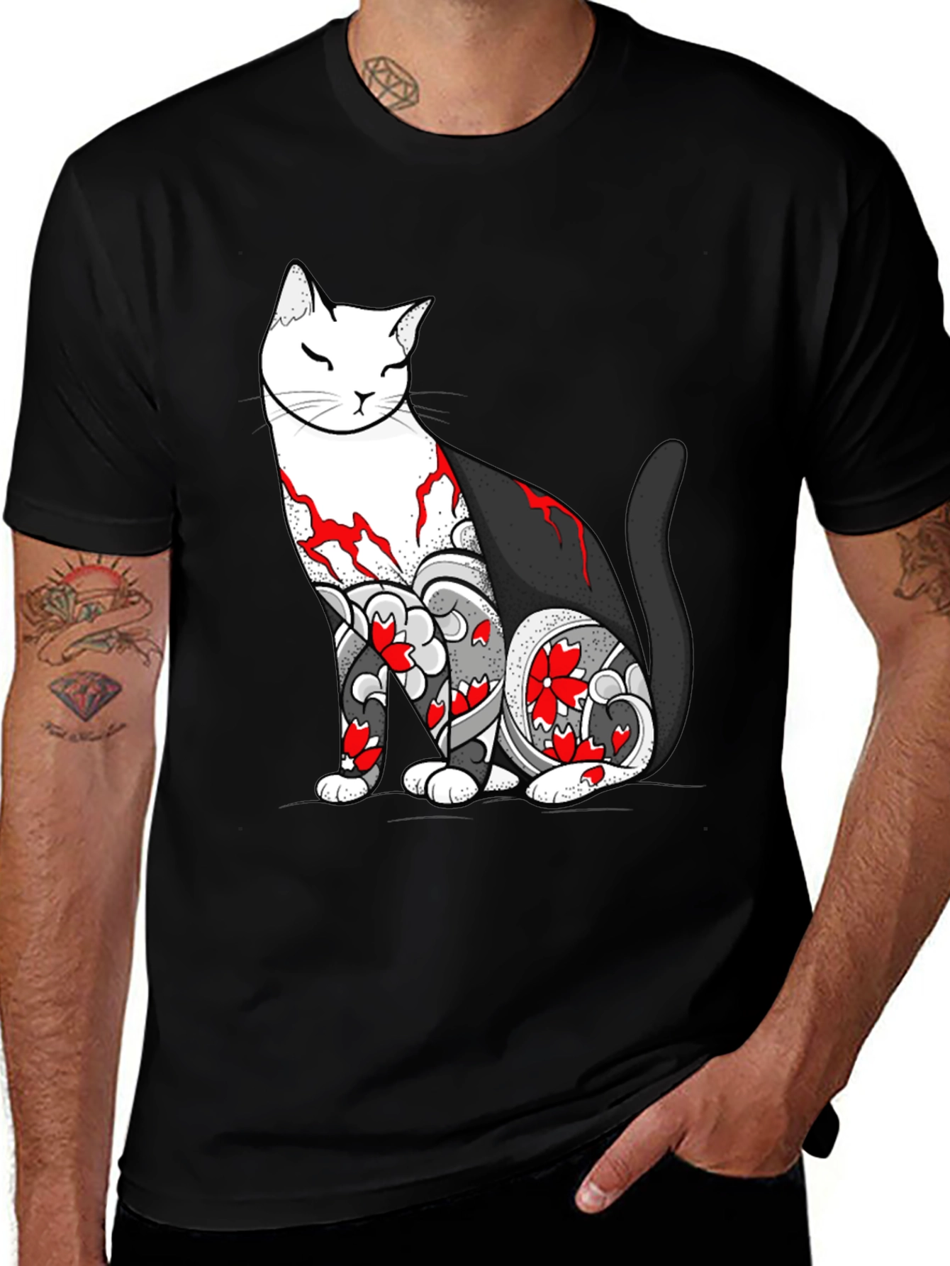 Variant 23 of Cat Tattoo Graphic Black T-Shirt