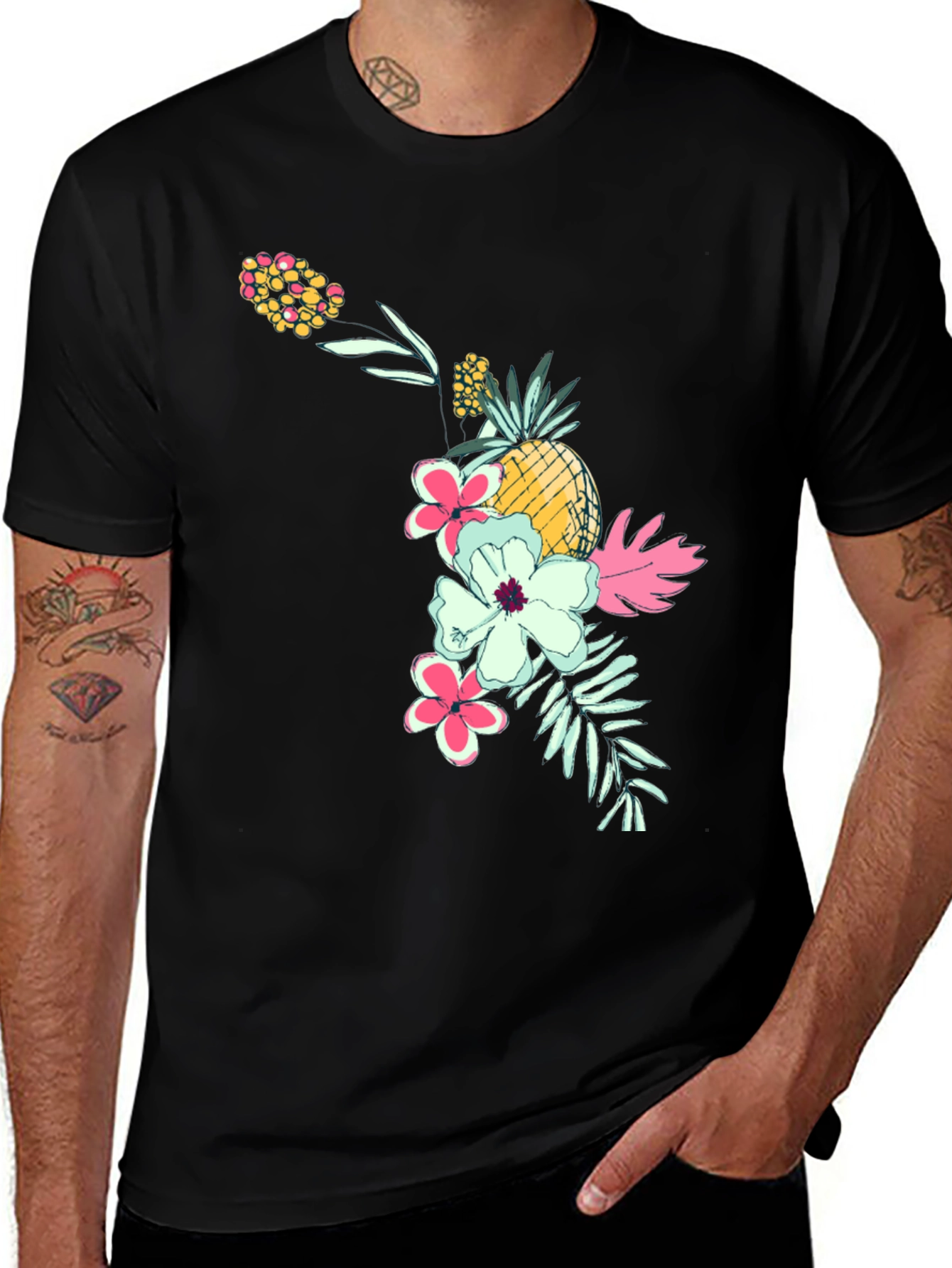 Variant 19 of Tropical Floral & Pineapple Men's Black T-Shirt