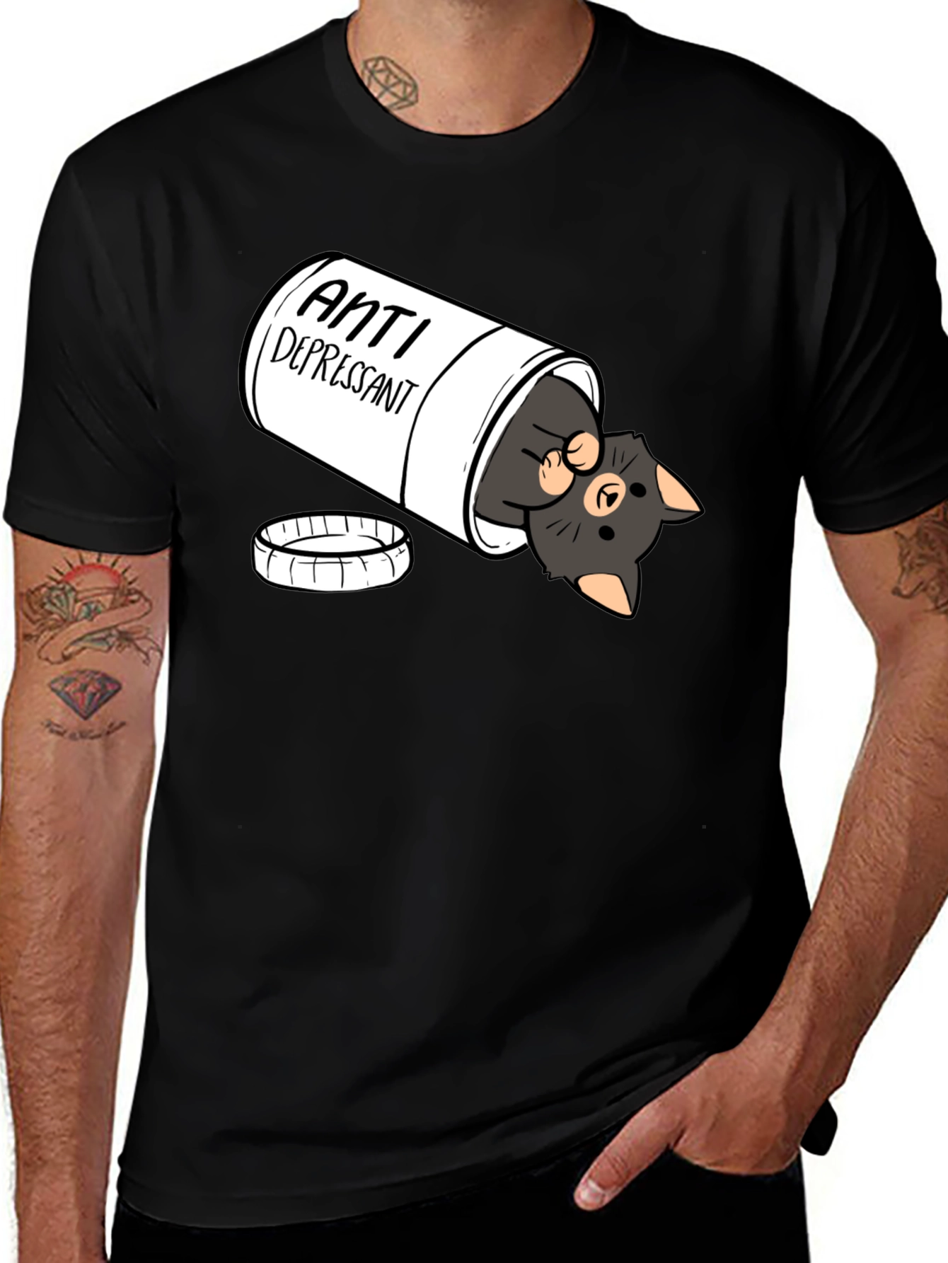 Variant 2 of Anti-Depressant Cat T-Shirt - Black Crew Neck