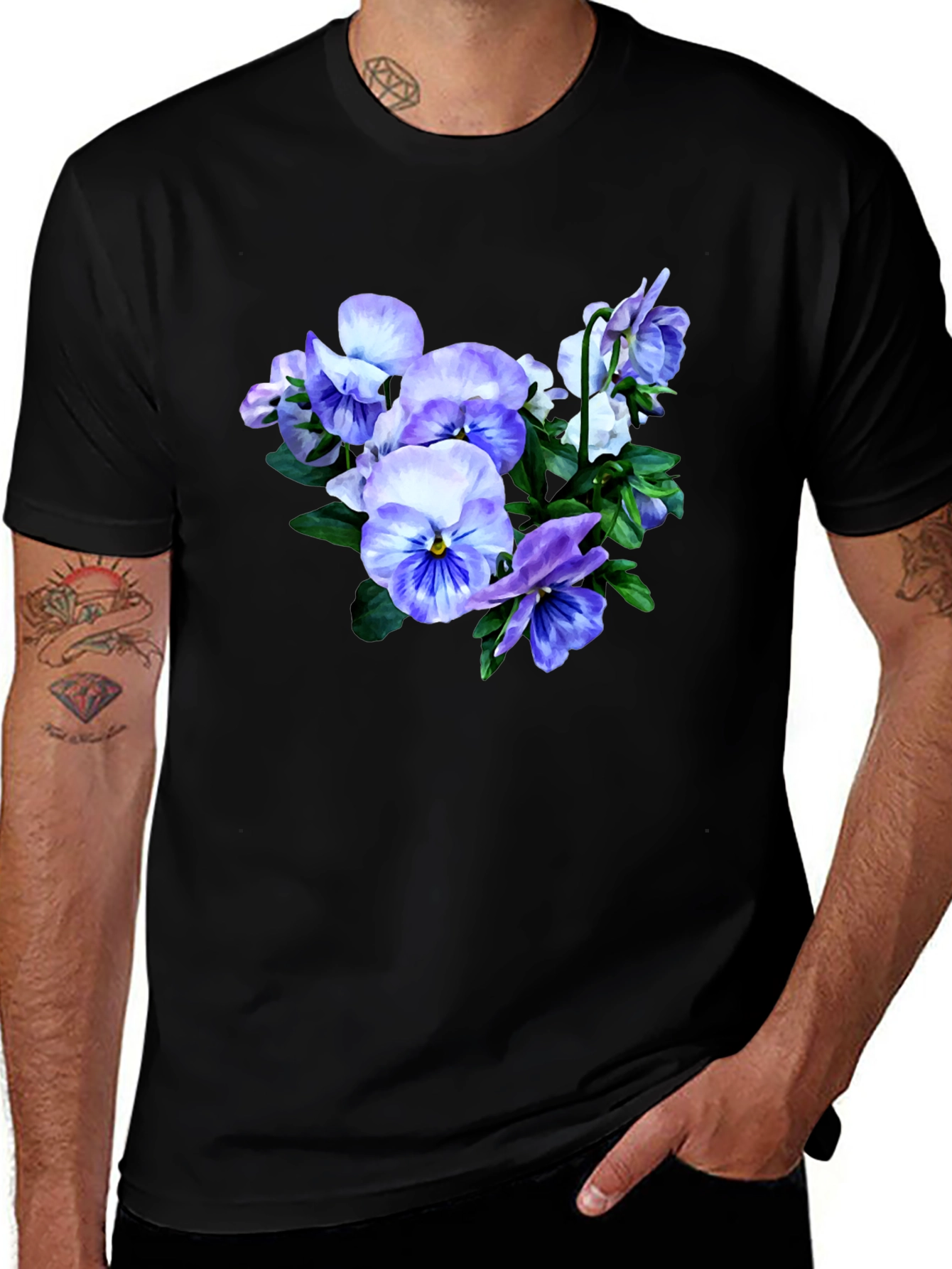 Variant 4 of Floral T-Shirt with Pansies, Black Cotton Tee