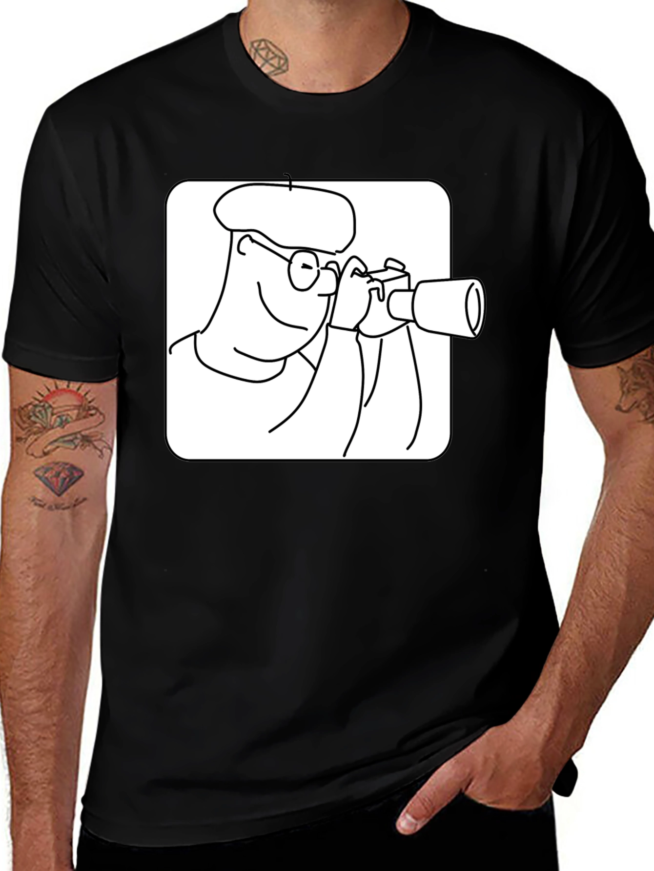Black Black T-Shirt with Cartoon Photographer Design main image