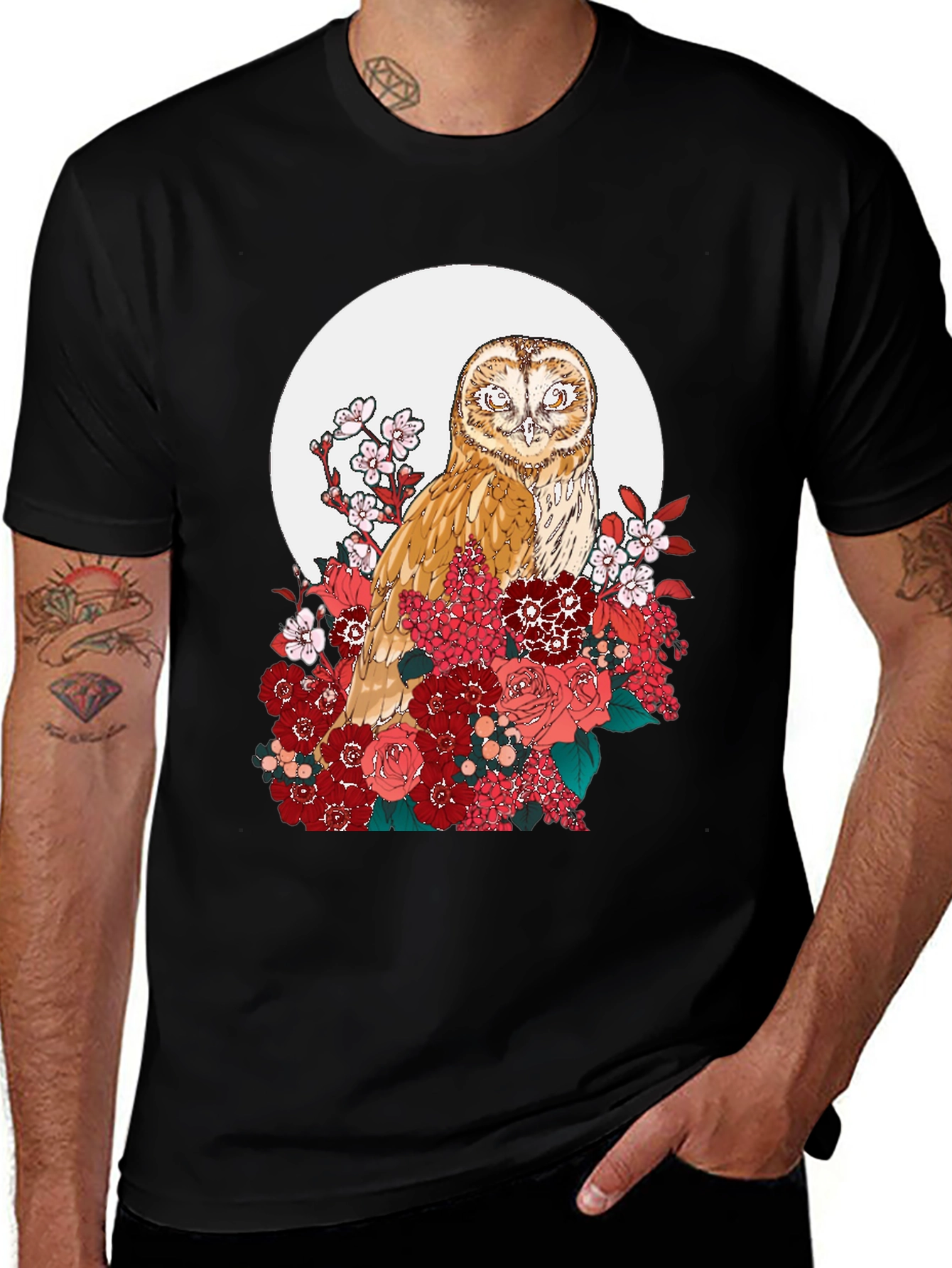 Variant 5 of Owl and Floral Black T-Shirt