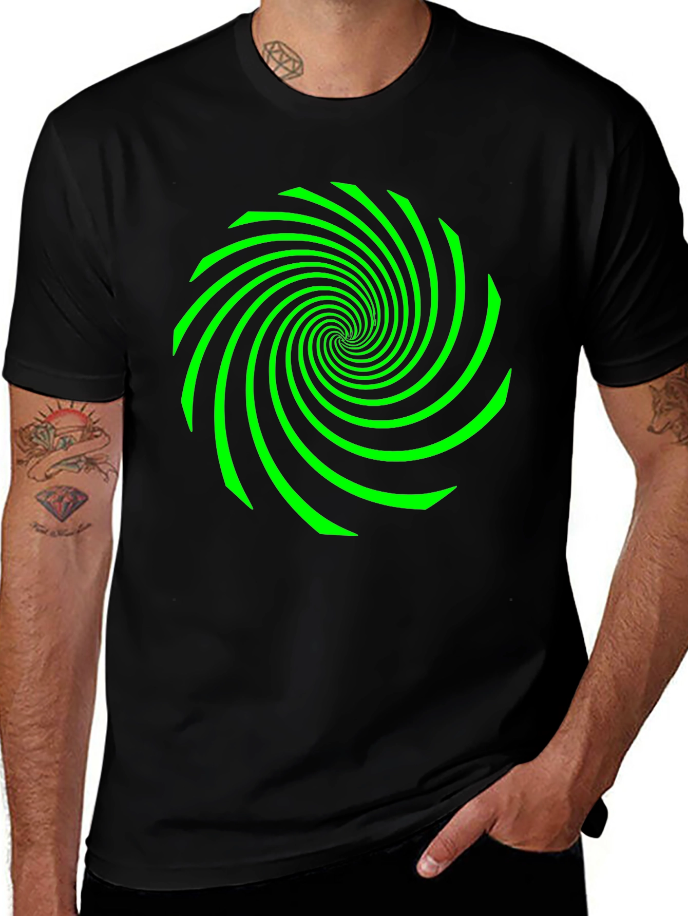 Variant 28 of Black Tee with Hypnotic Green Swirl Design