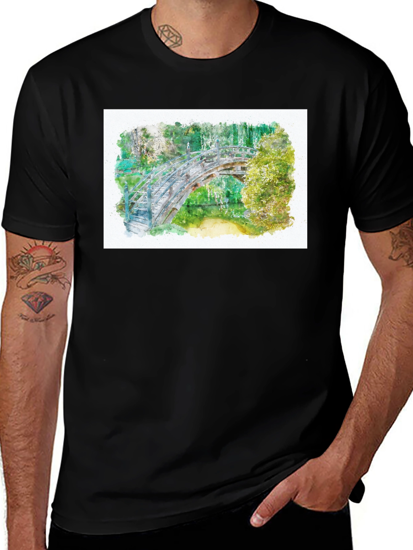 Variant 11 of Watercolor Bridge Print Black Tee