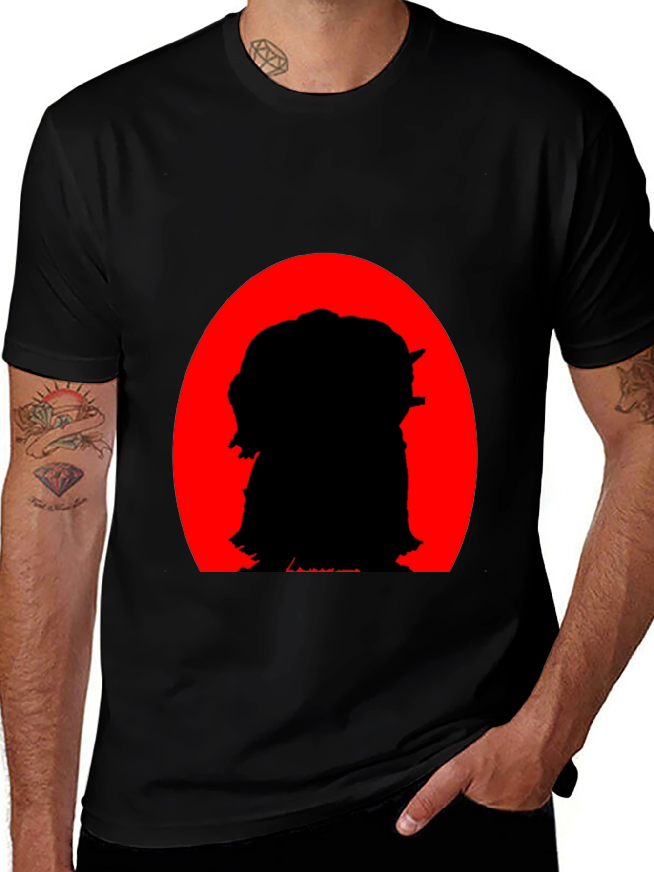 Black Silhouette Tee: Red Sun, Black Print main image