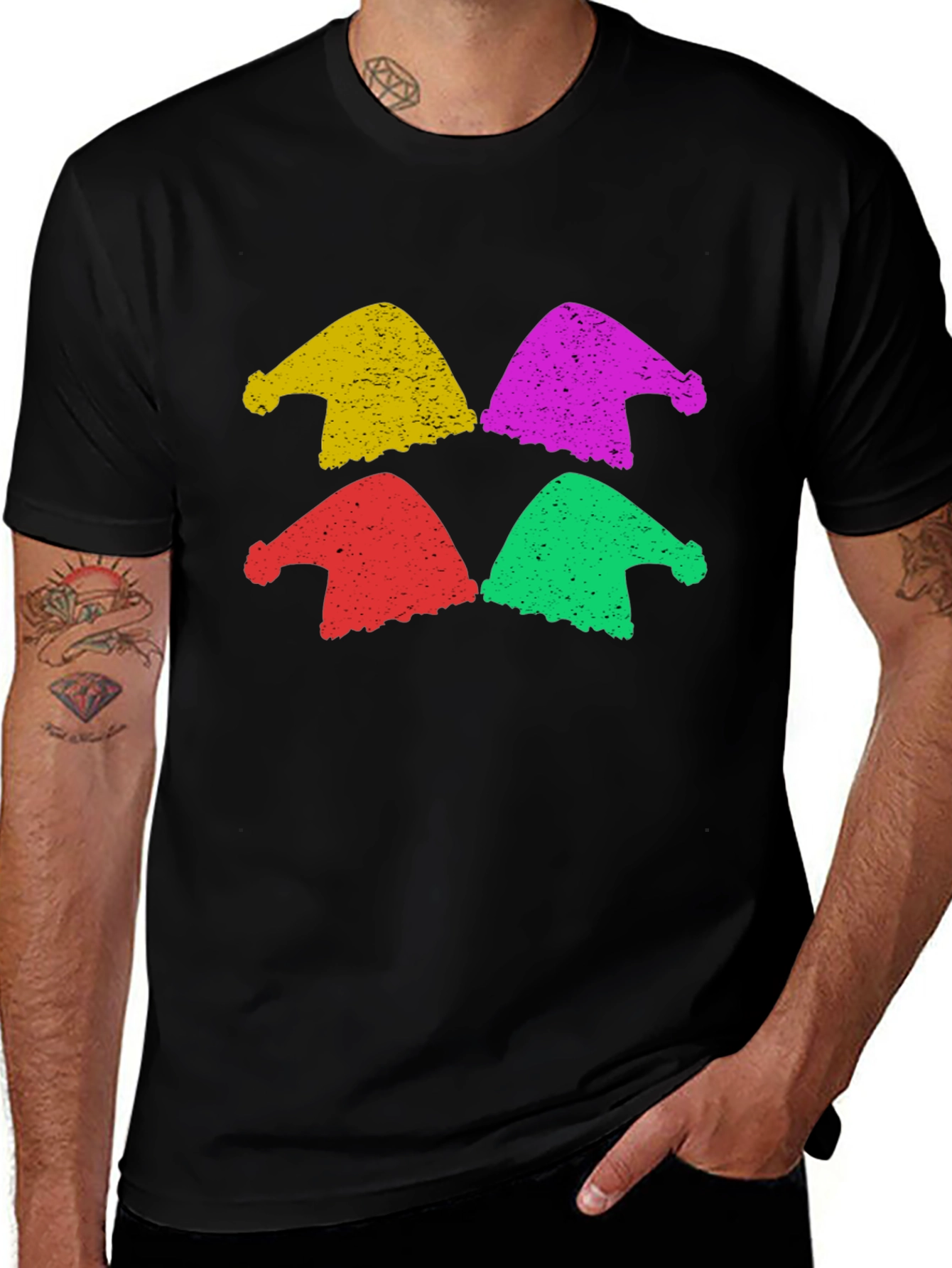 Variant 28 of Colorful Santa Hat Patterned Black T-Shirt