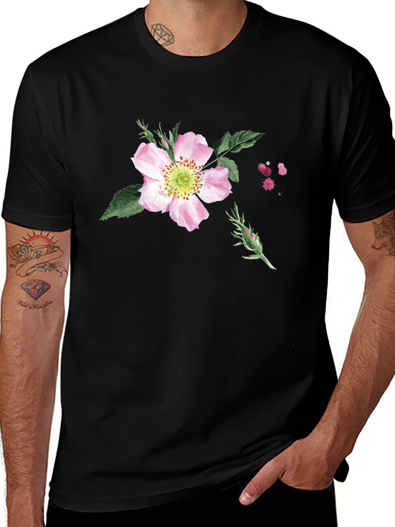 Black Floral Print Black T-Shirt - Botanical Style main image