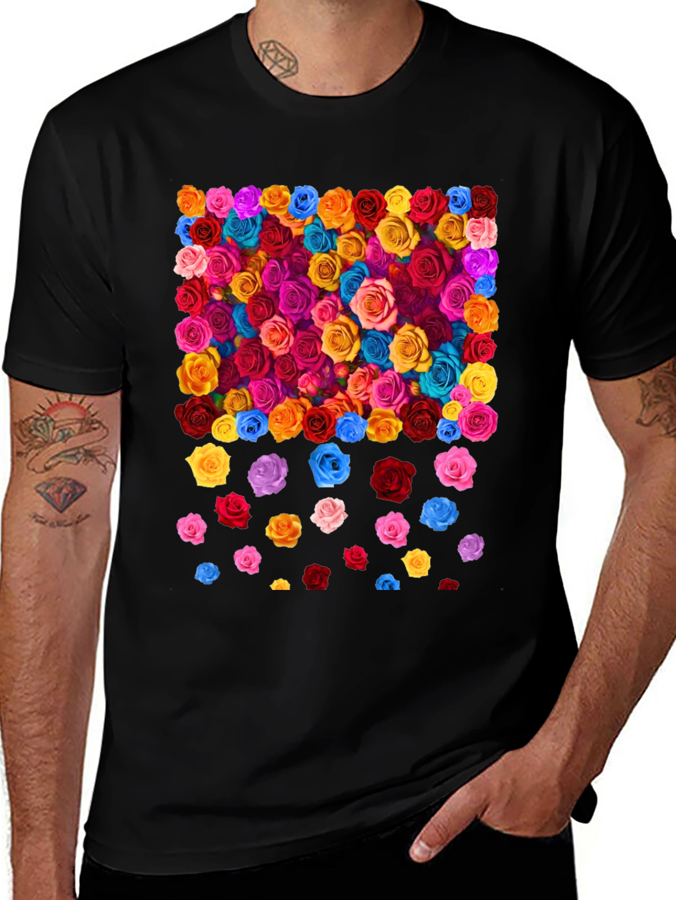 Variant 10 of Floral Cascade Tee - Vivid Roses on Black