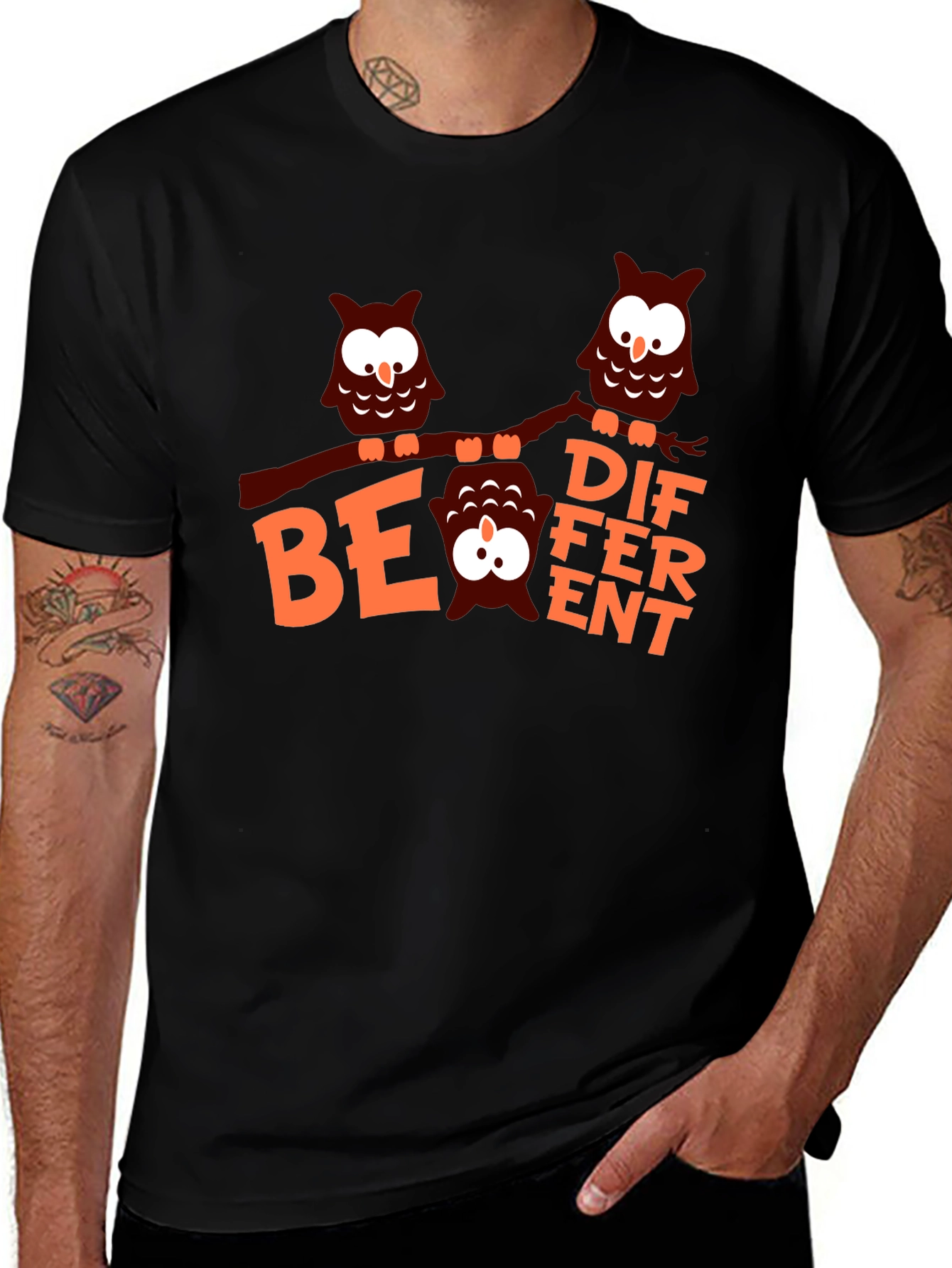 Variant 6 of Be Different Owl Graphic Tee - Black Cotton T-Shirt