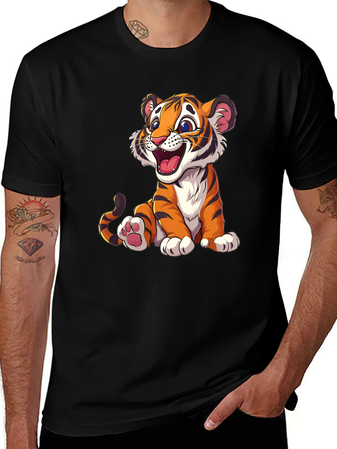 Variant 30 of Cute Cartoon Tiger Graphic Tee - Black