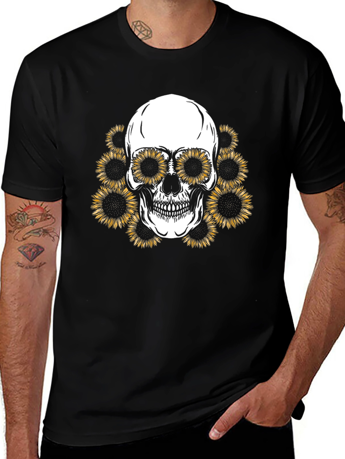 Variant 7 of Sunflower Skull Graphic Tee - Men's Black T-Shirt