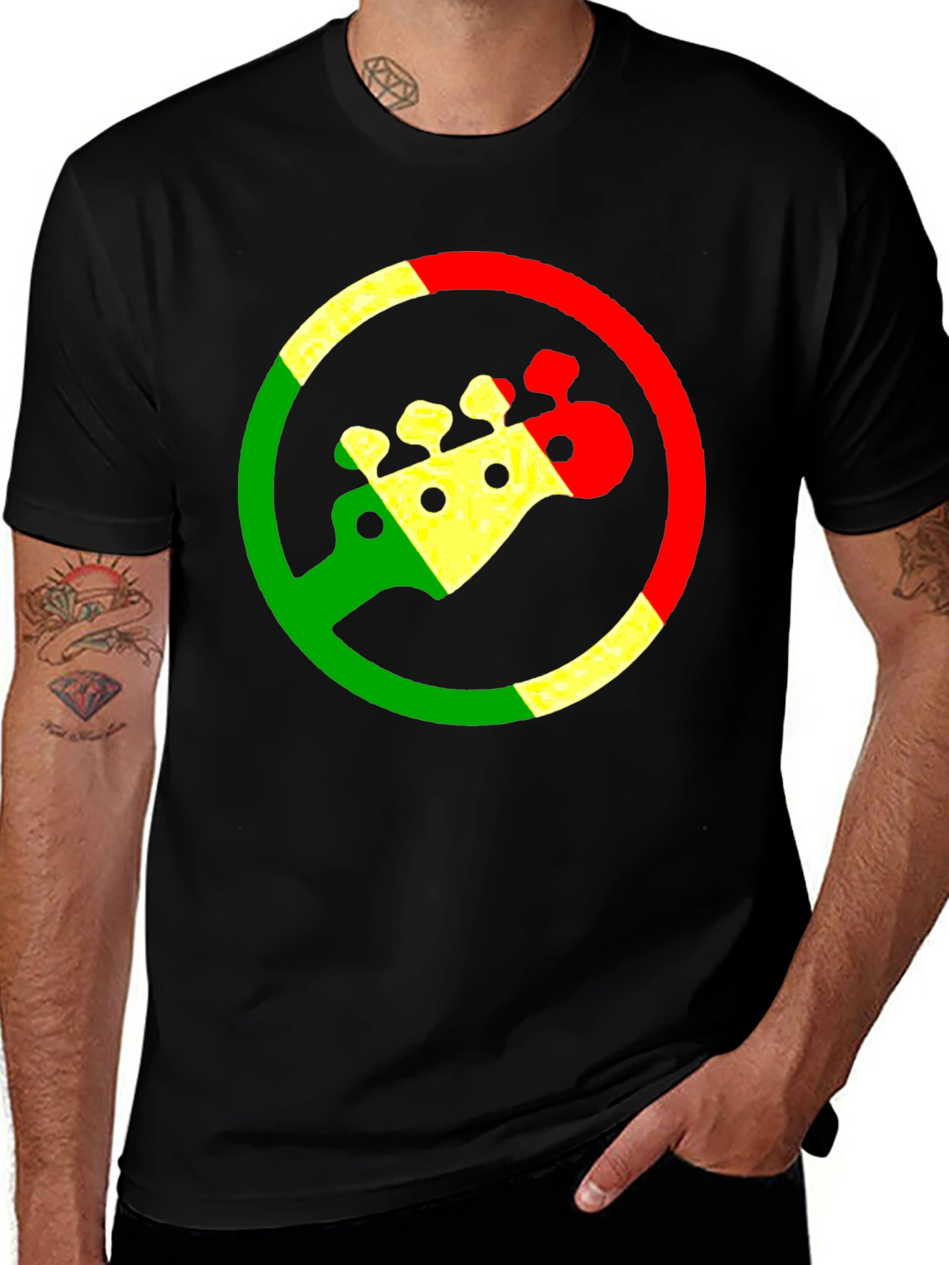 Rasta Bass Guitar T-Shirt - Reggae Colors
