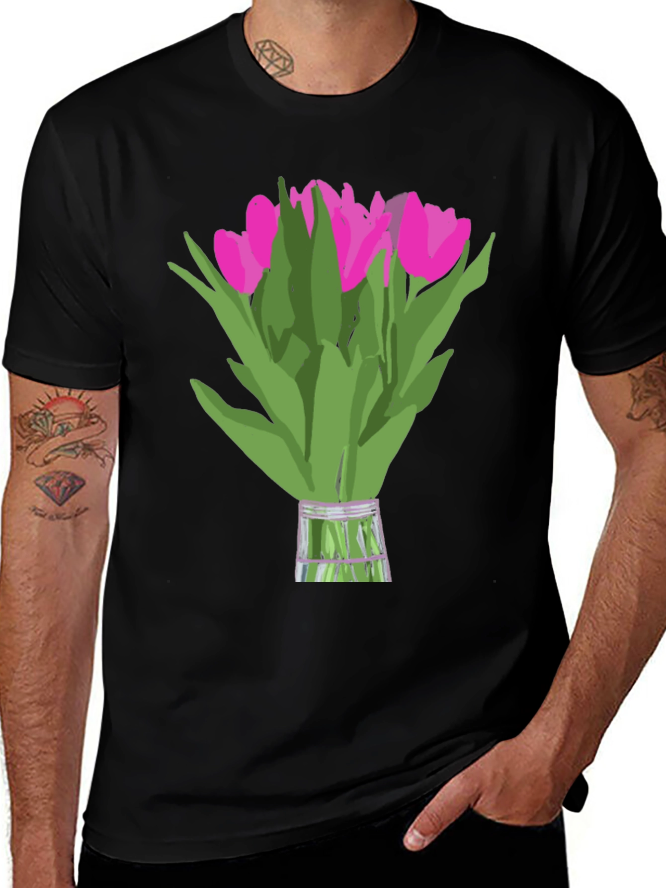 Variant 24 of Floral Graphic Tee - Pink Tulips on Black