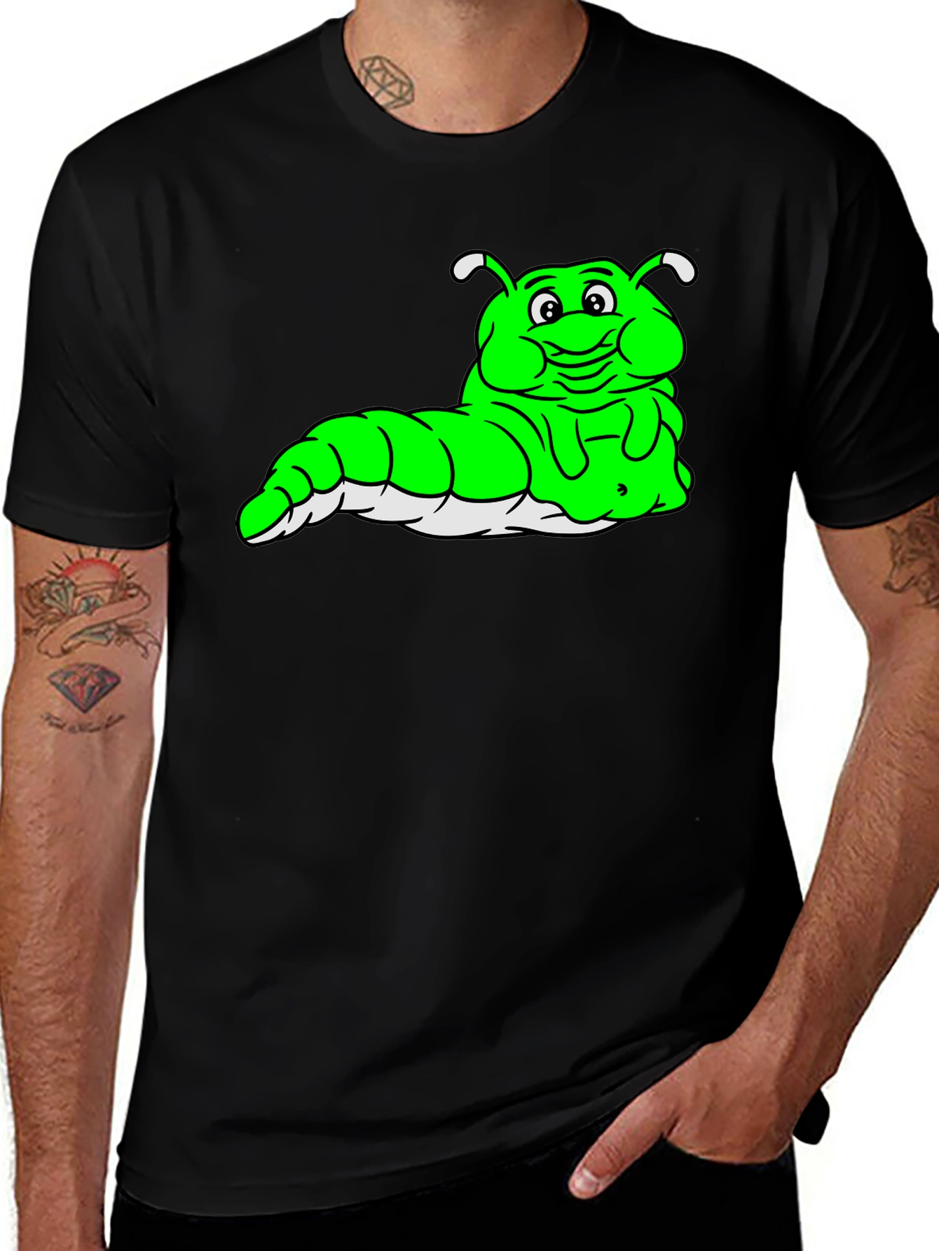 Variant 2 of Cartoon Caterpillar Black T-Shirt