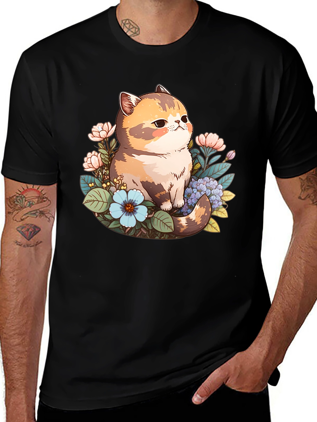 Variant 12 of Cute Cat Floral Graphic Black T-Shirt