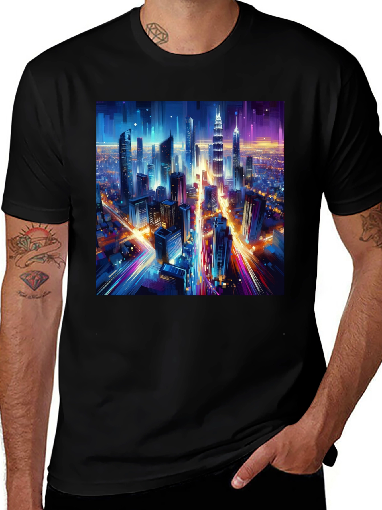 Cyberpunk Cityscape Black T-Shirt