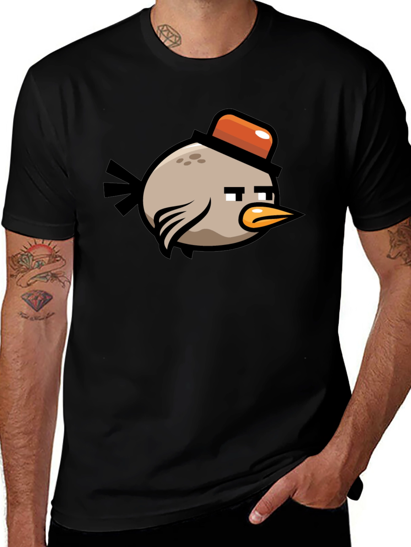 Variant 6 of Bird with Hat Graphic Tee - Black Cotton Shirt