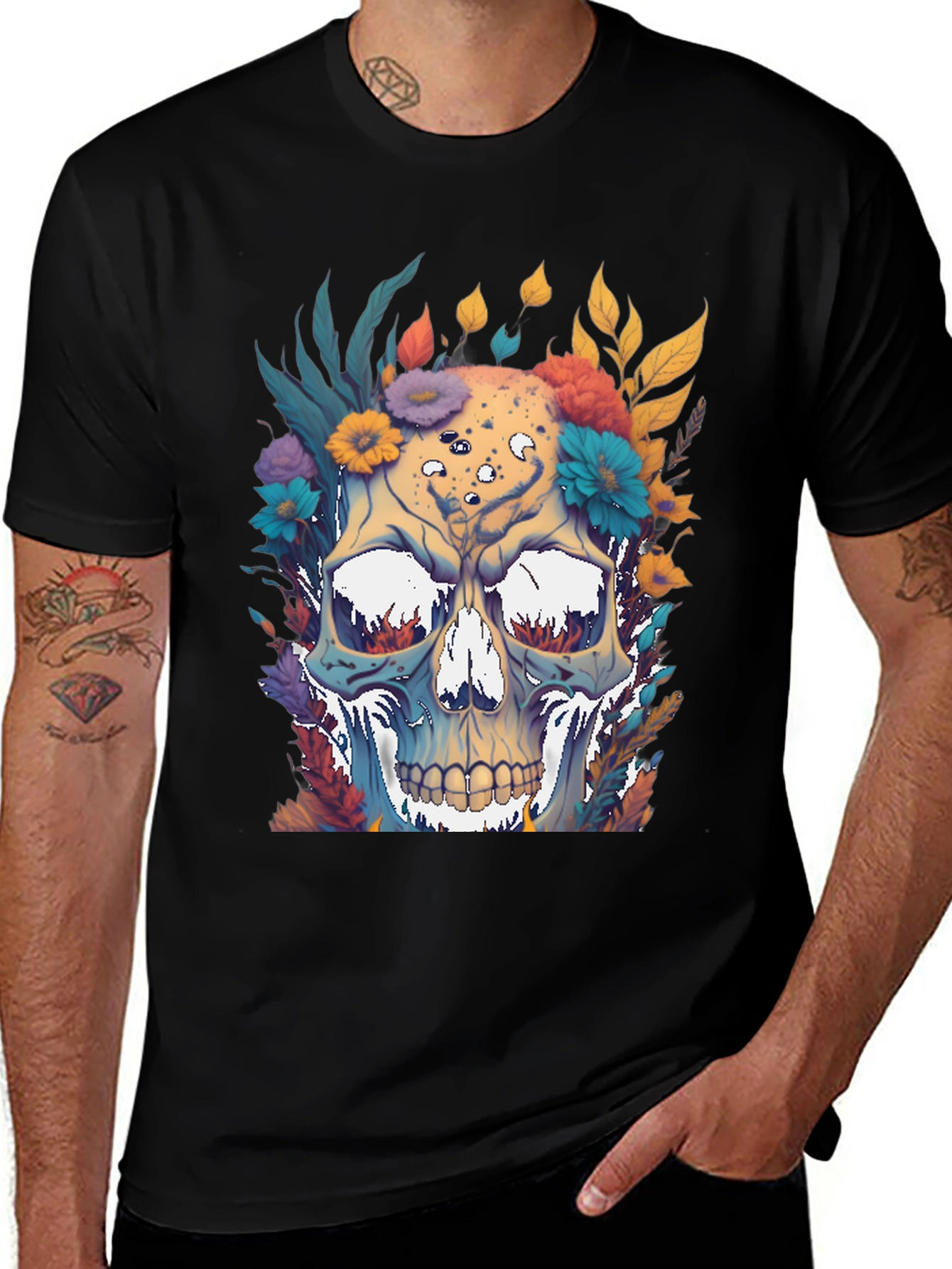 Variant 15 of Floral Skull Graphic Print Black T-Shirt