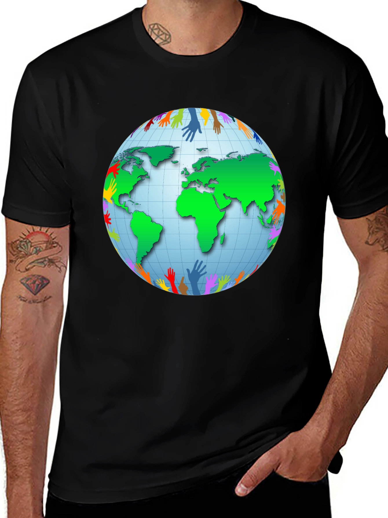 Variant 4 of Global Unity T-Shirt - Earth with Colorful Hands Design