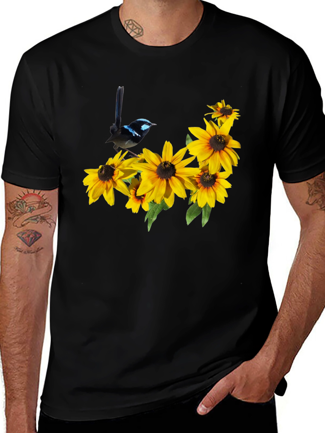 Variant 3 of Black T-Shirt with Bird and Sunflower Graphic