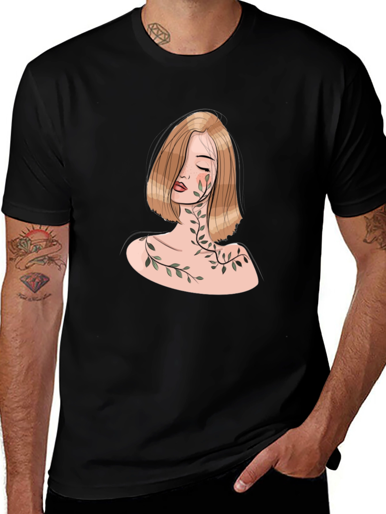 Variant 5 of Botanical Woman Graphic Tee - Elegant Black T-Shirt