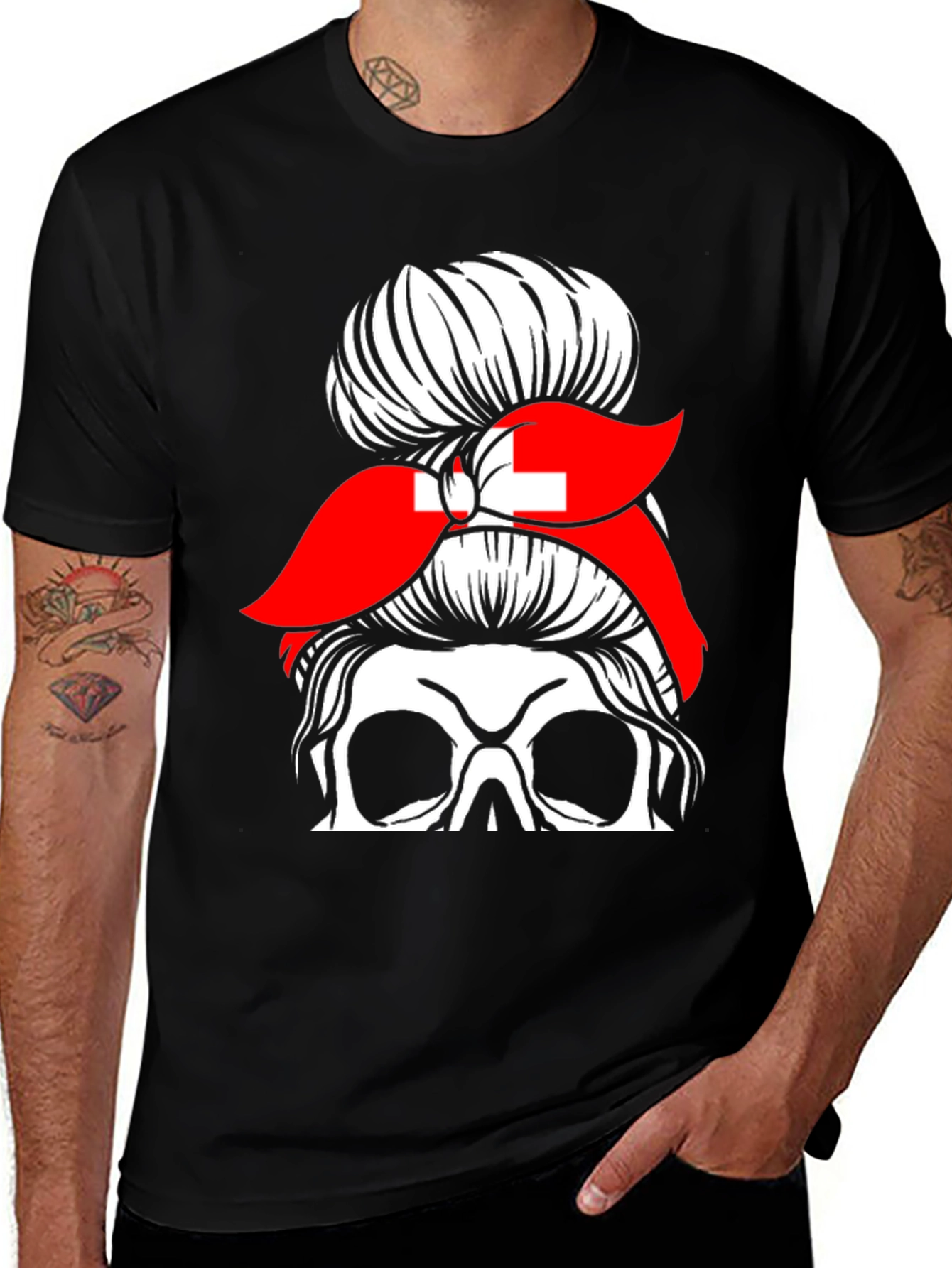 Variant 30 of Messy Bun Skull Switzerland Flag Graphic Tee