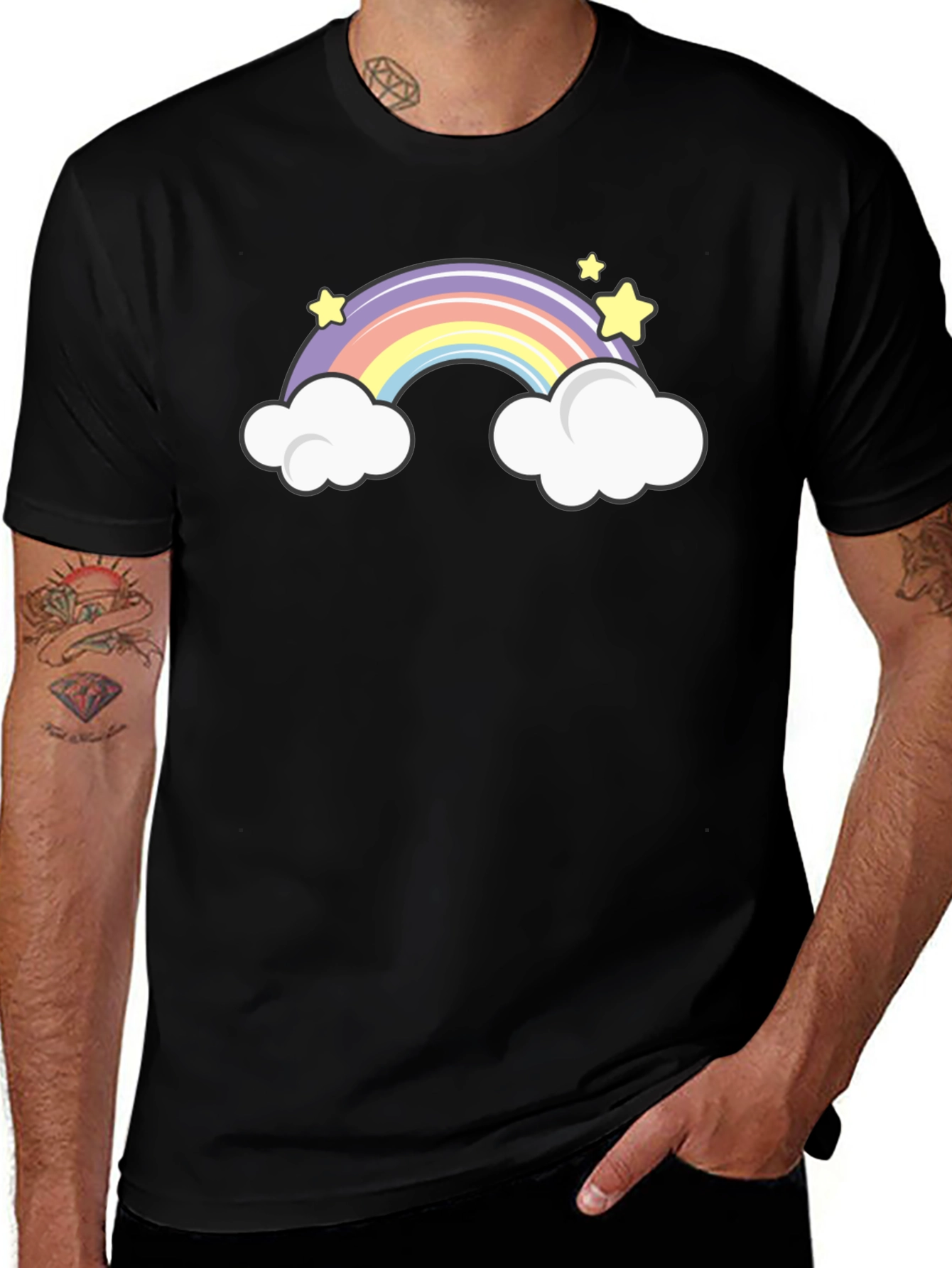 Rainbow Clouds Graphic Tee - Black Cotton Casual