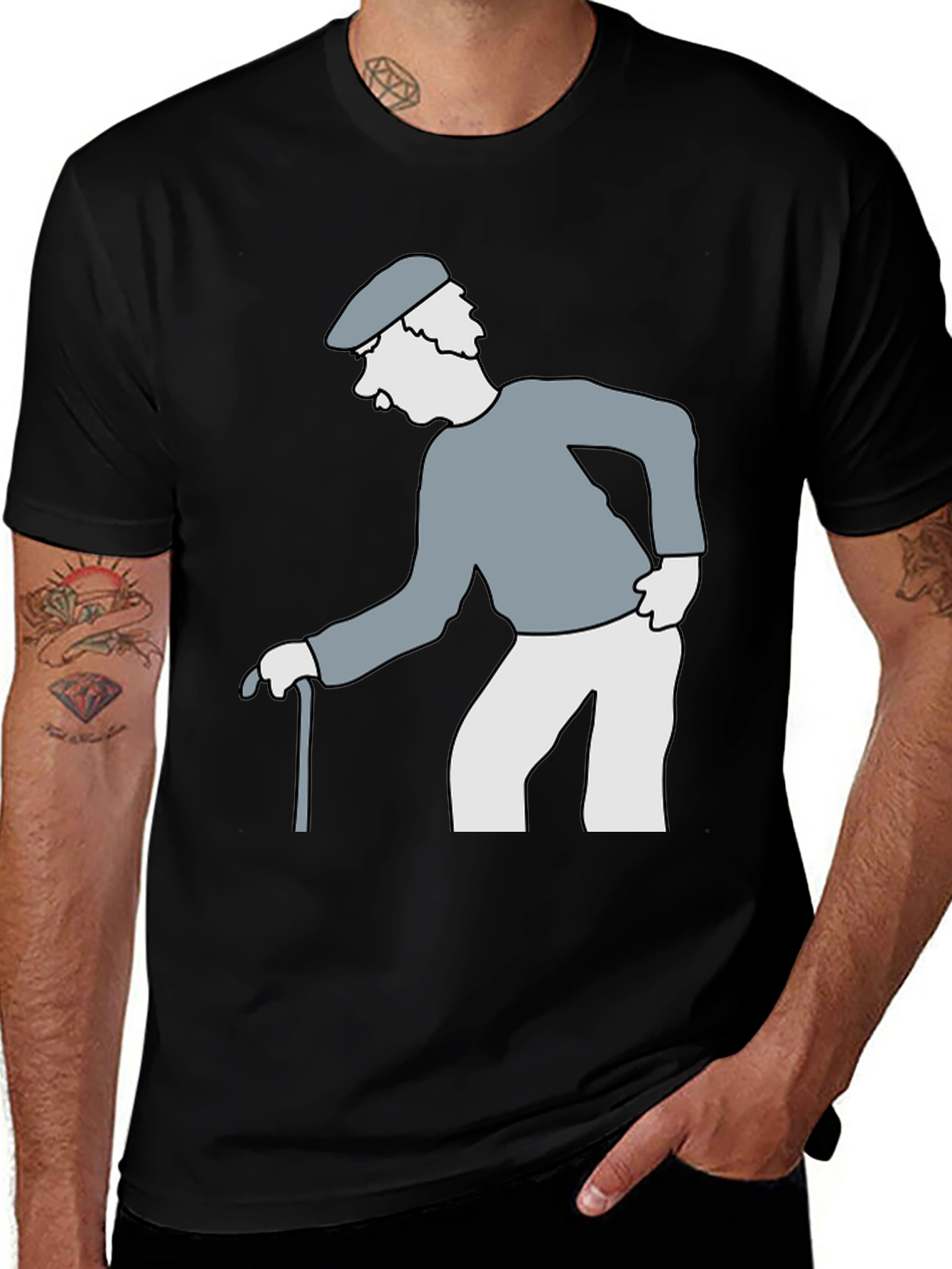 Variant 10 of Cartoon Grandpa on Black T-Shirt