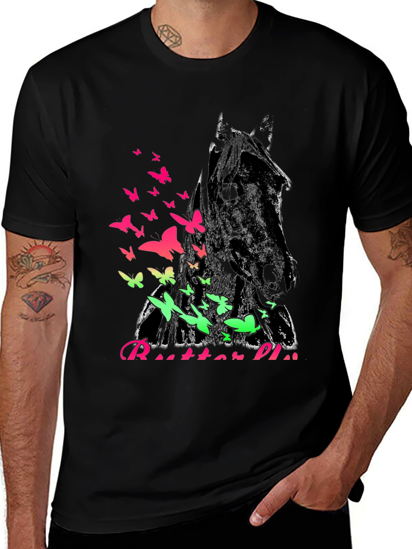 Variant 27 of Horse & Butterflies Graphic Black T-Shirt