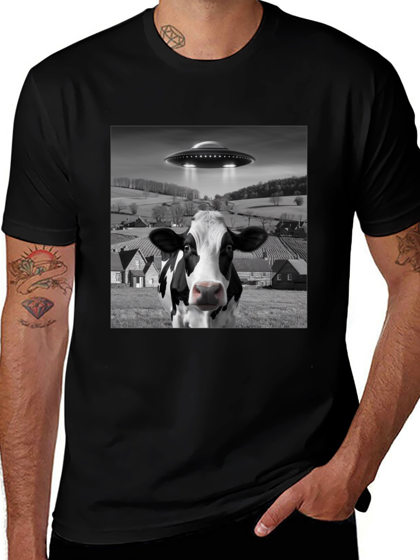 Variant 27 of UFO Cow Abduction Black T-Shirt - Novelty Graphic Tee