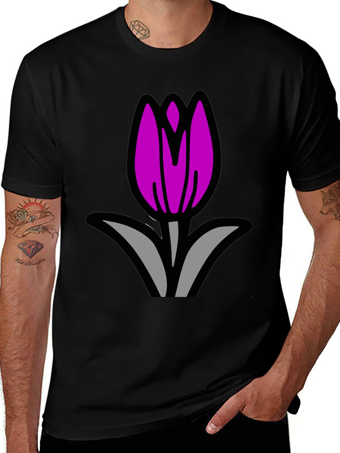 Purple Tulip Graphic Black T-Shirt