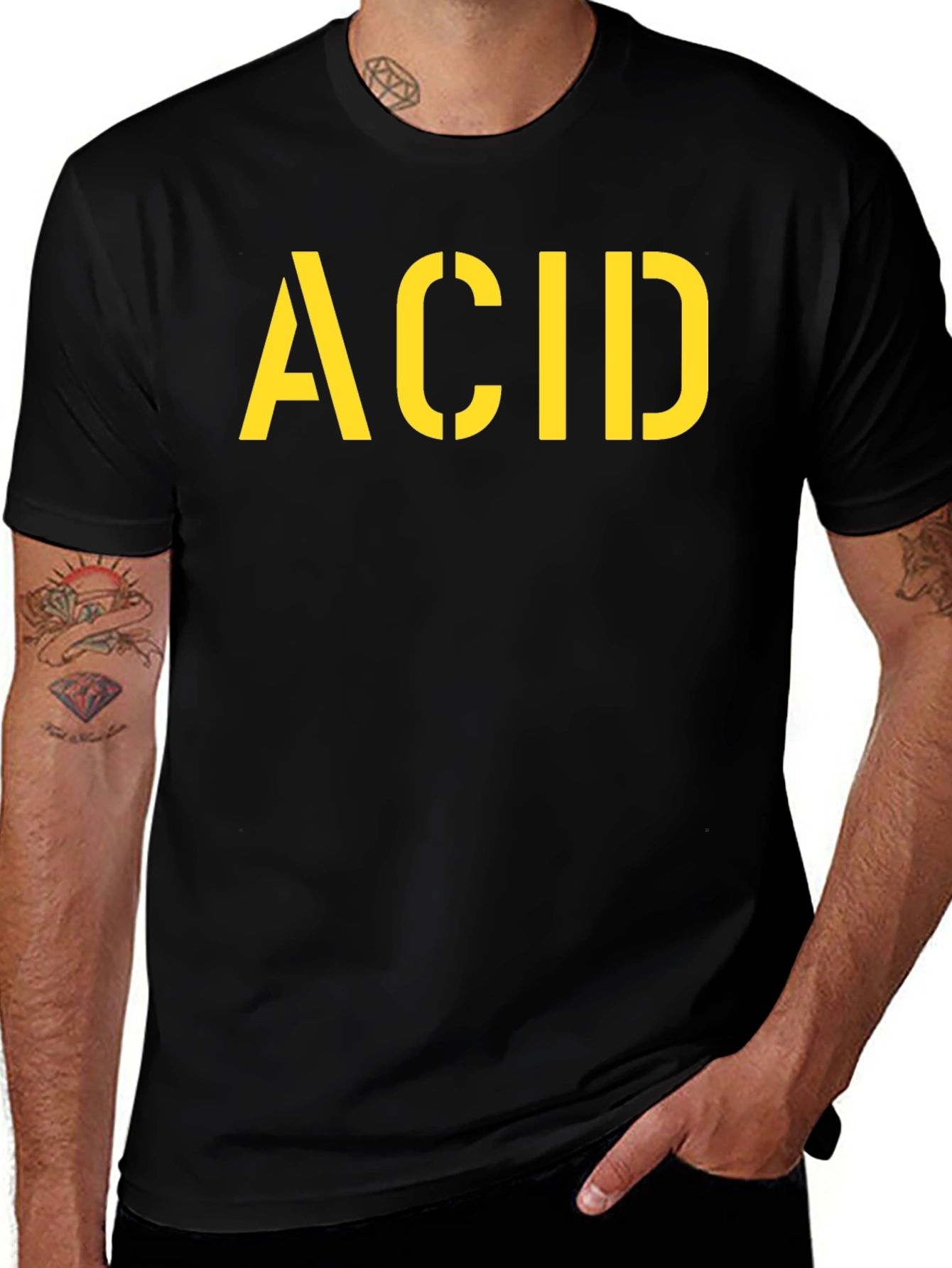 Acid Yellow Stencil Graphic Black Cotton T-Shirt