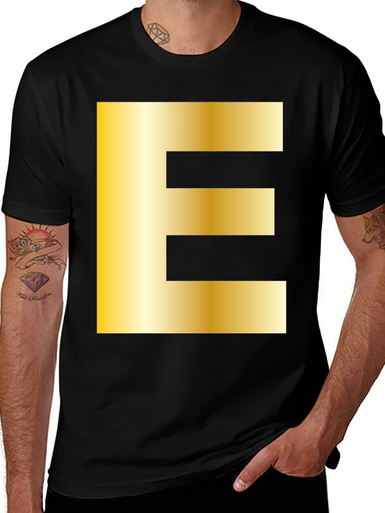Variant 3 of Golden Letter E T-Shirt - Stylish Alphabet Tee