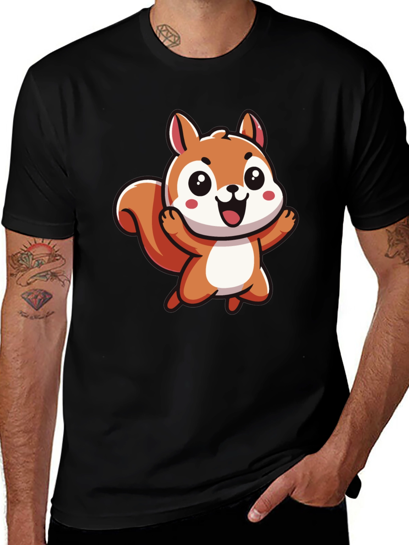 Cute Cartoon Squirrel Black T-Shirt