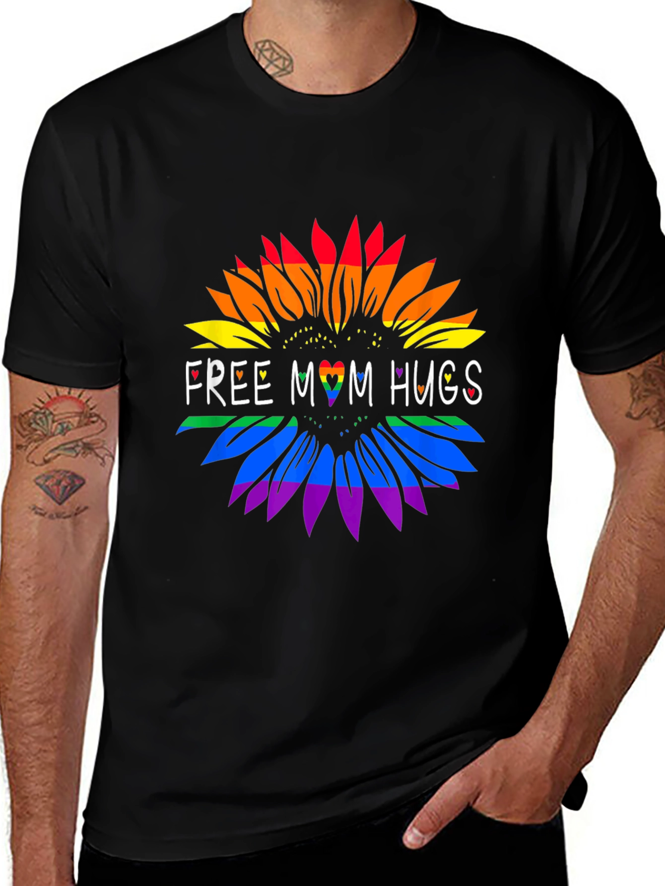 Variant 4 of Rainbow Sunflower Free Mom Hugs Black Tee
