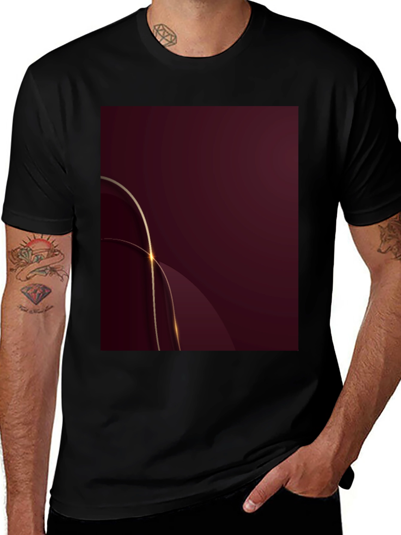 Stylish Black Tee with Abstract Burgundy & Gold Design