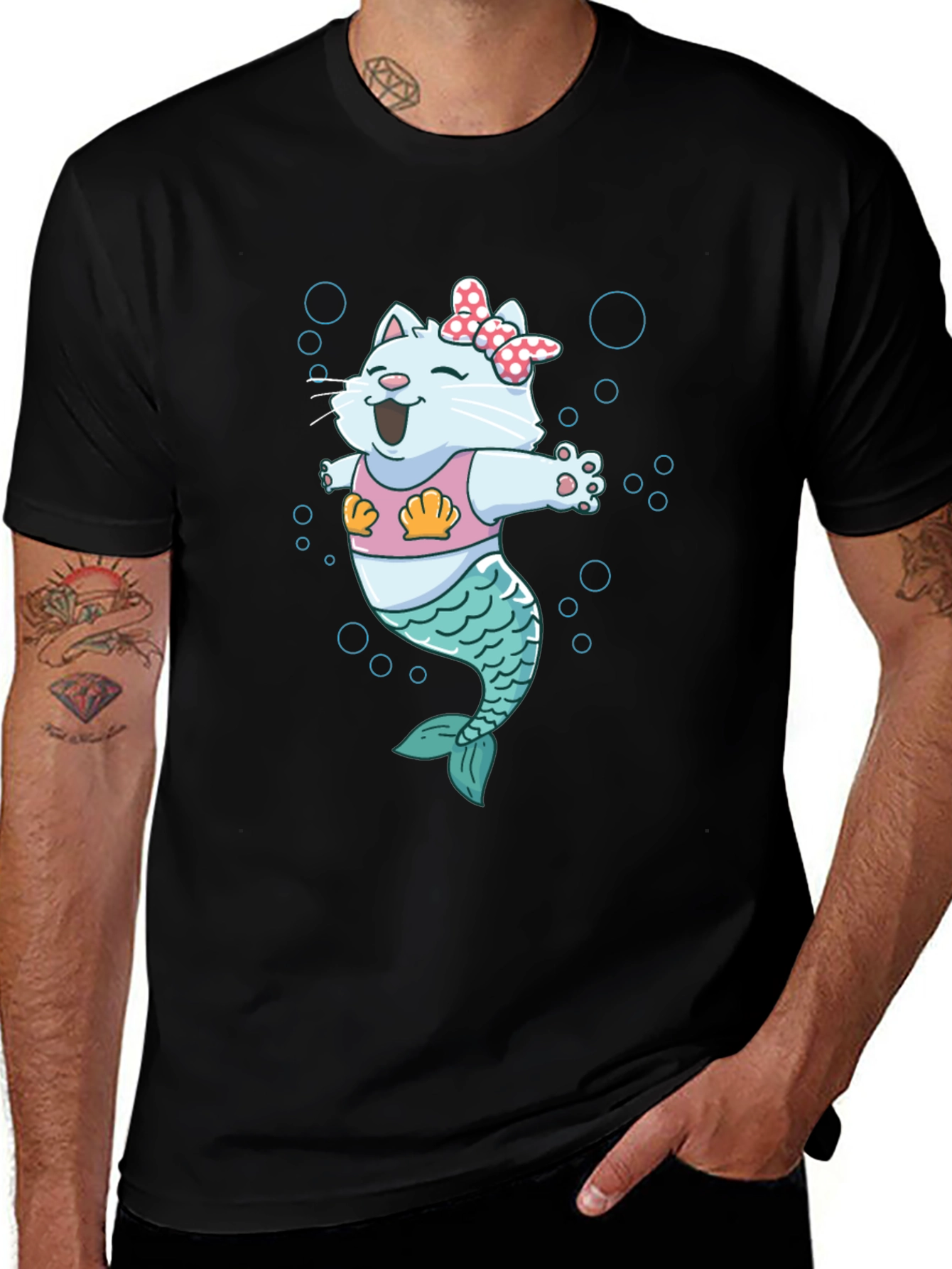 Mermaid Cat Graphic Tee - Black Cotton T-Shirt