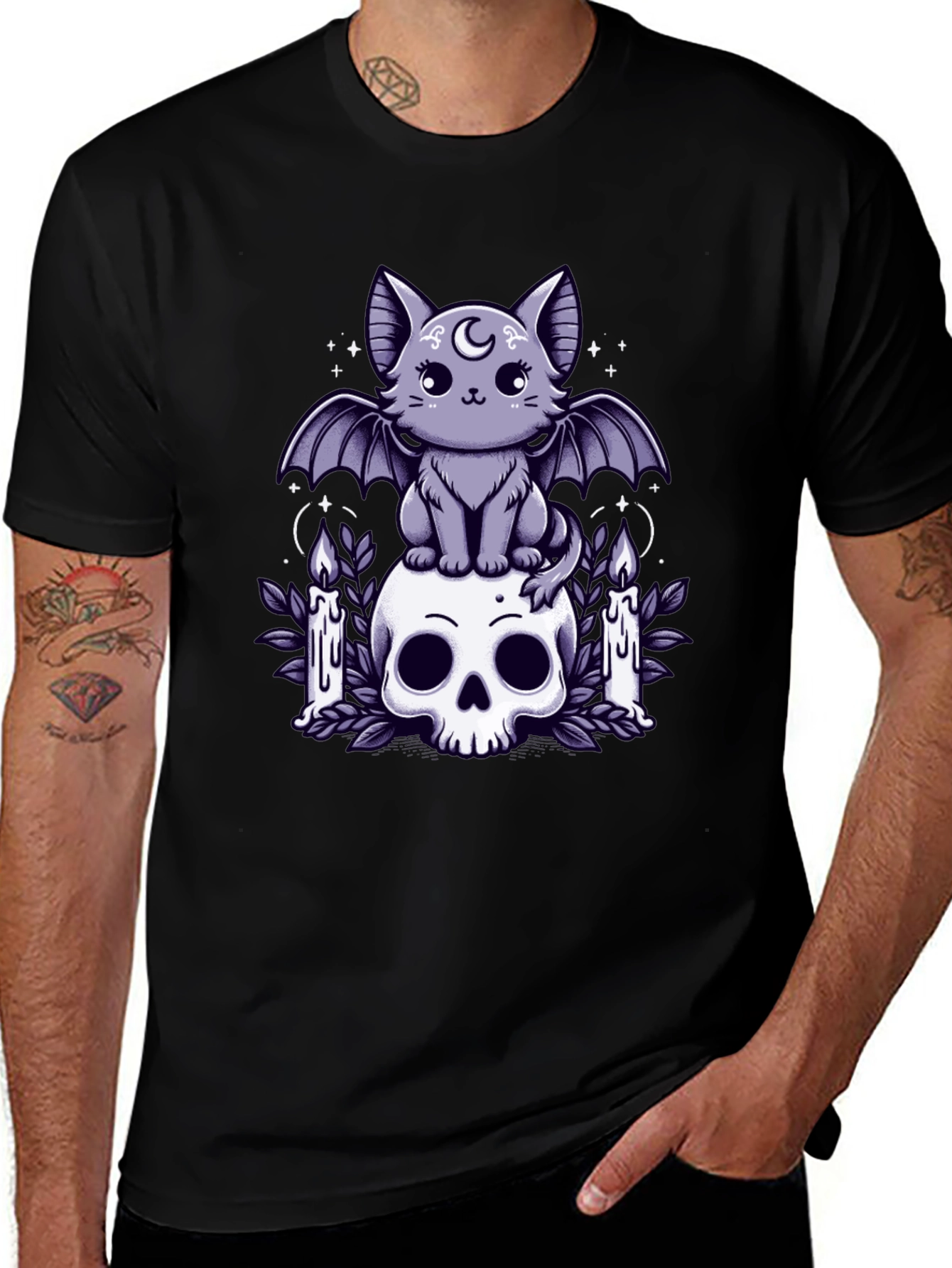 Gothic Bat Cat Skull T-Shirt - Spooky Cute Design