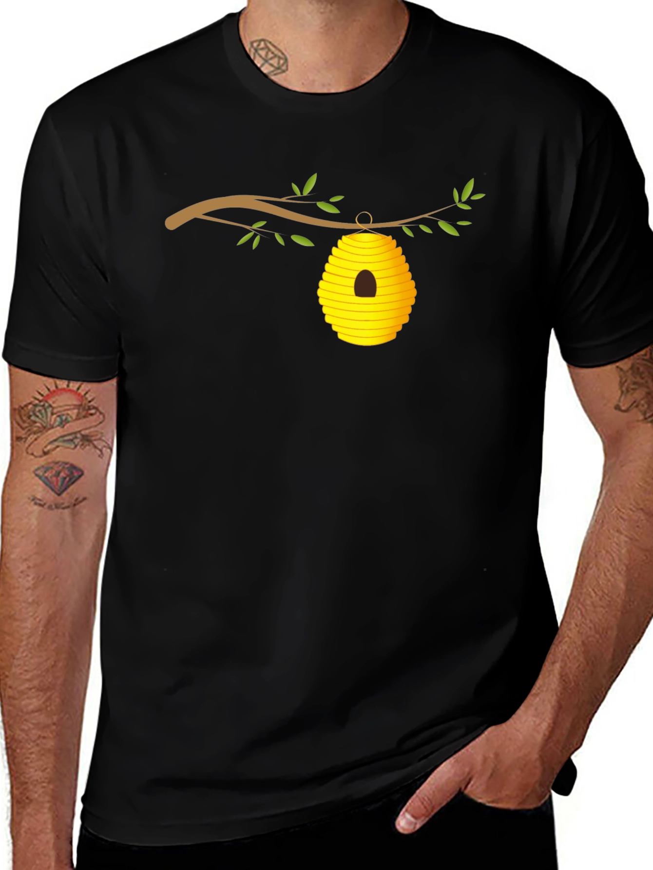 Variant 26 of Beehive on Branch Graphic Tee - Black Cotton T-Shirt