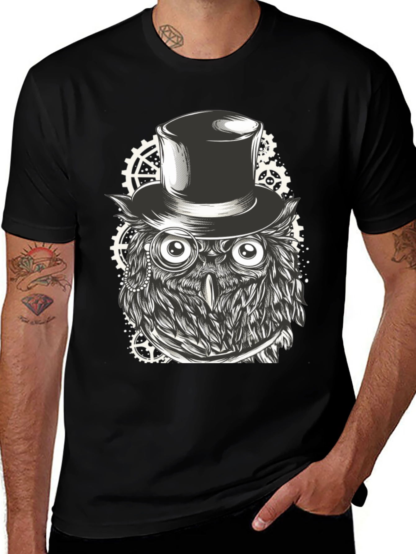 Variant 22 of Steampunk Owl T-Shirt - Black Cotton Graphic Tee