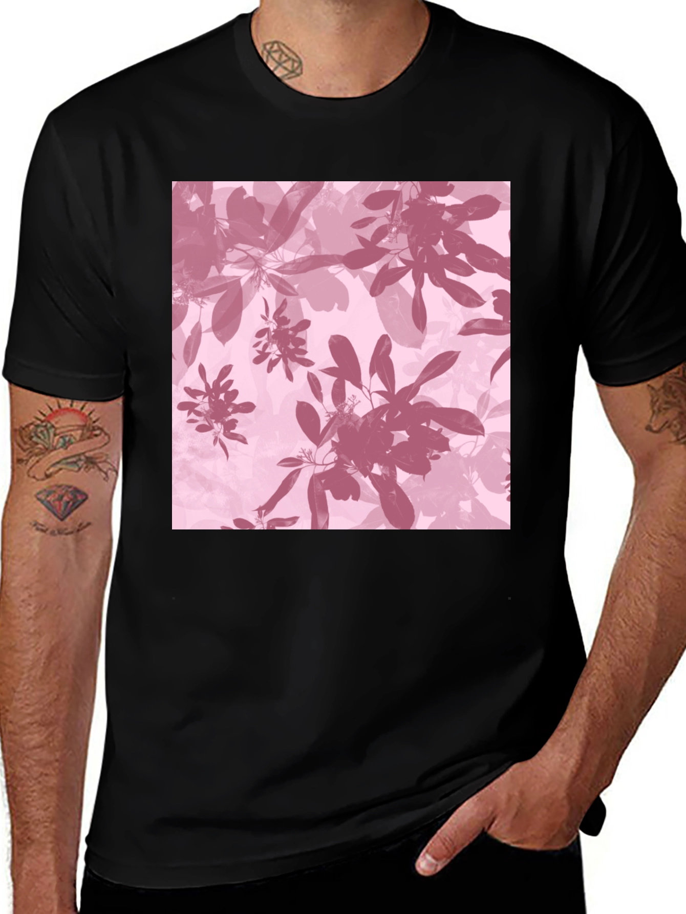 Pink Leaves Black T-Shirt