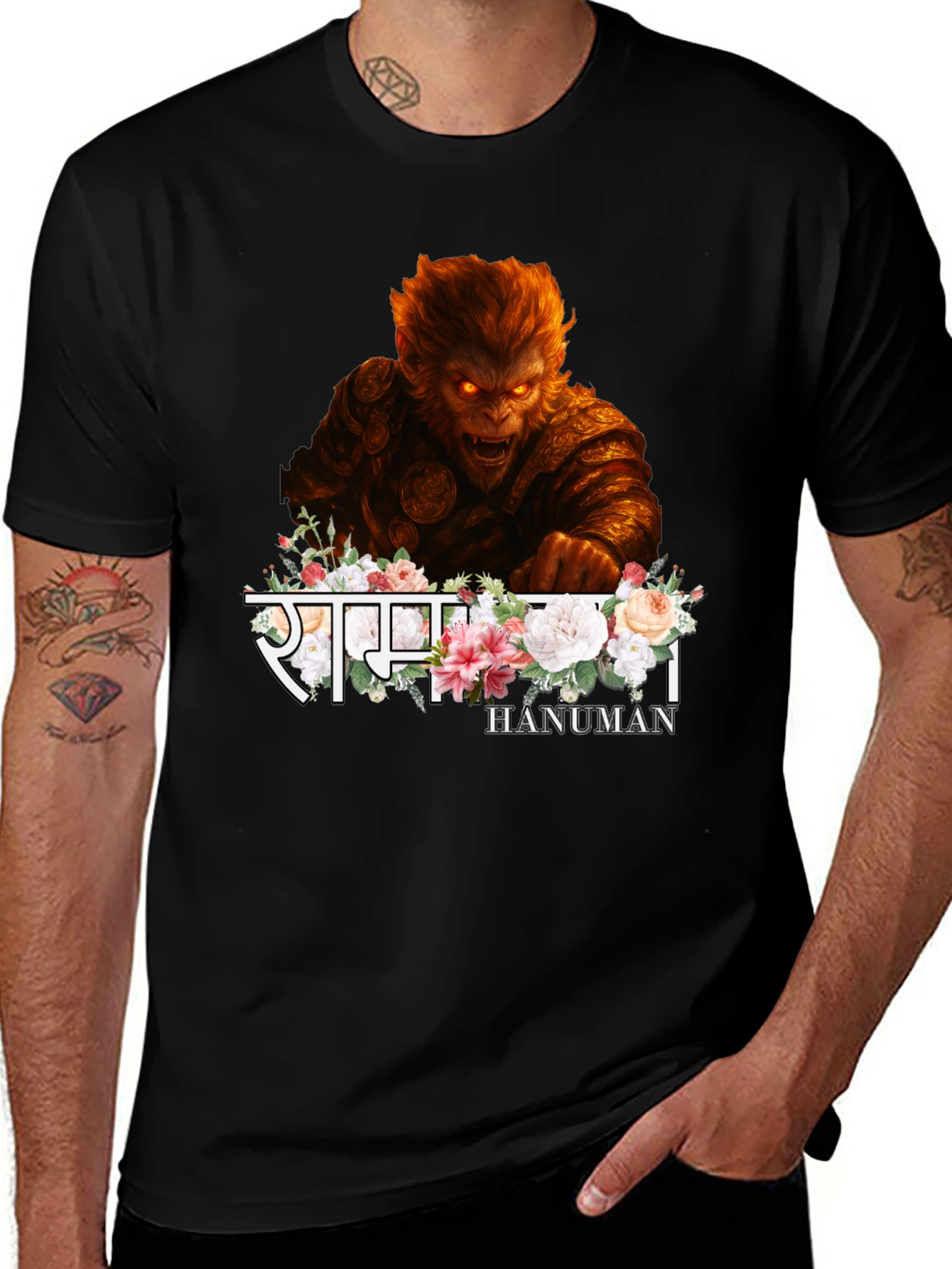 Hanuman Graphic Tee - Floral Sanskrit Design