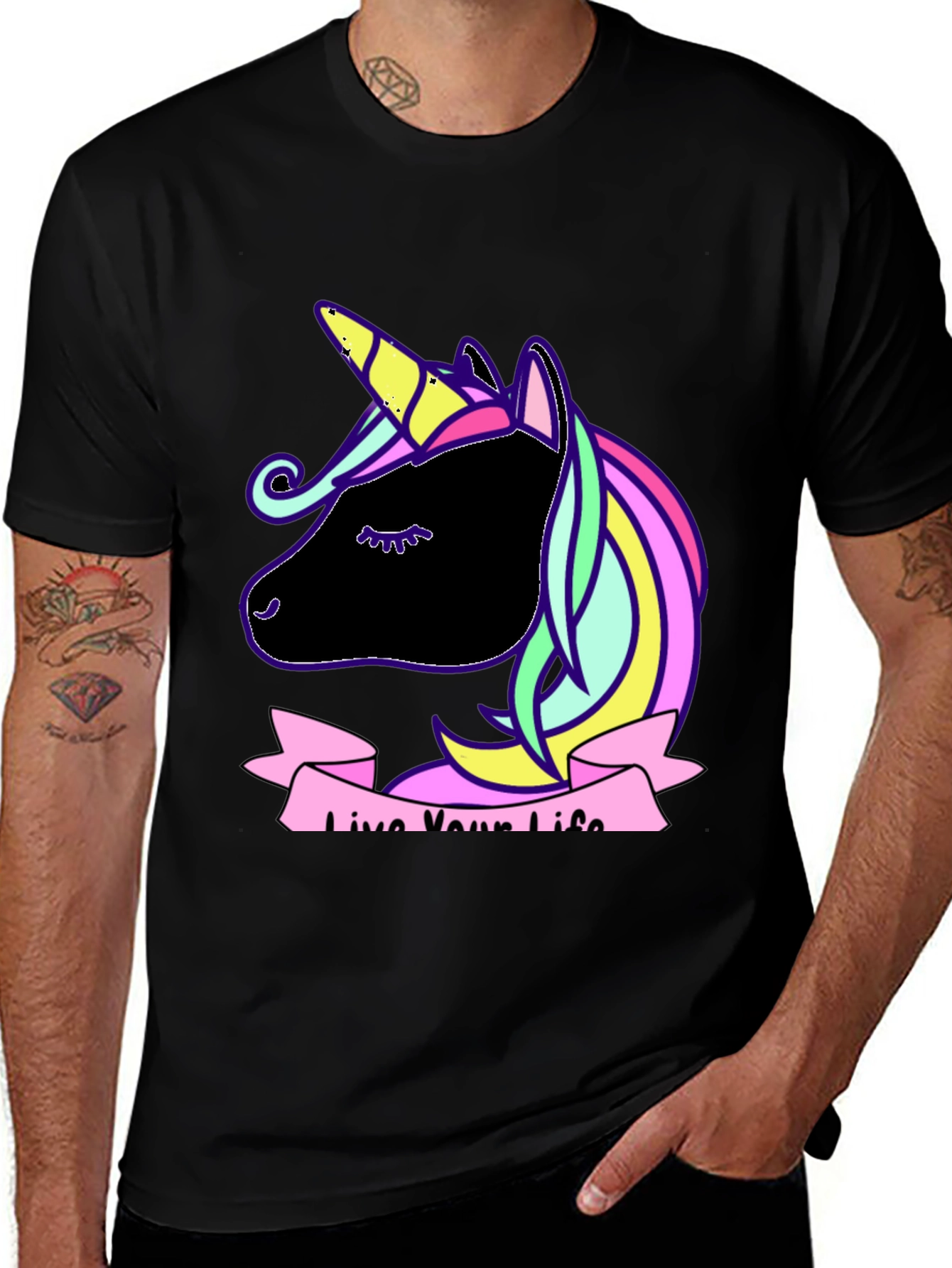 Variant 28 of Unicorn Graphic Tee - Live Your Life - Black