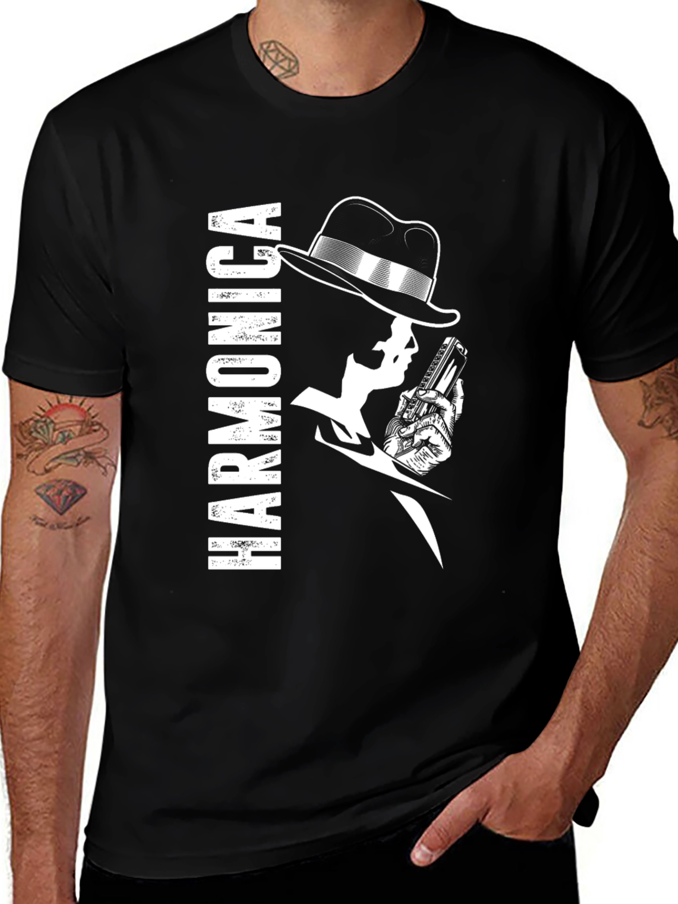 Variant 27 of Harmonica Player Graphic Black T-Shirt