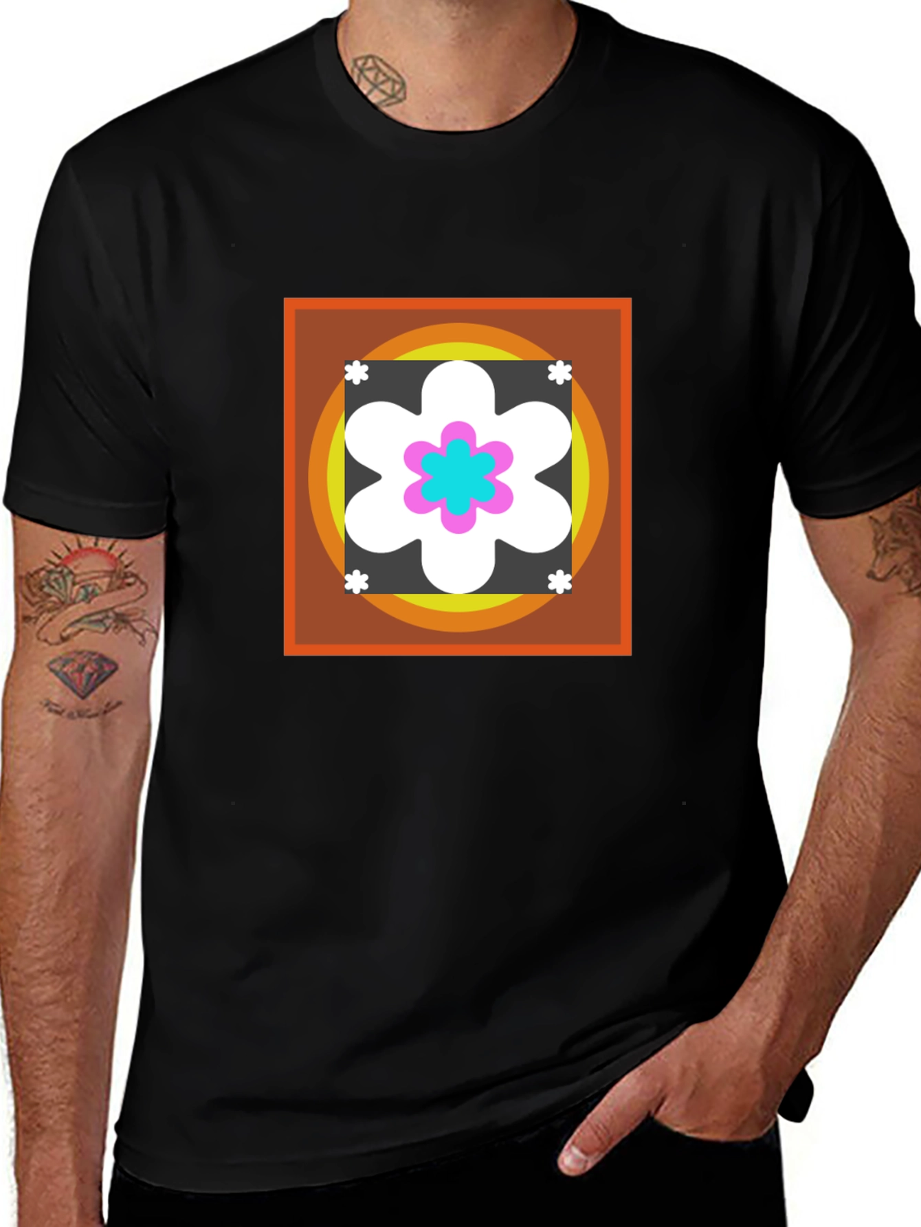 Variant 3 of Retro Flower Graphic Tee - Black Cotton Blend