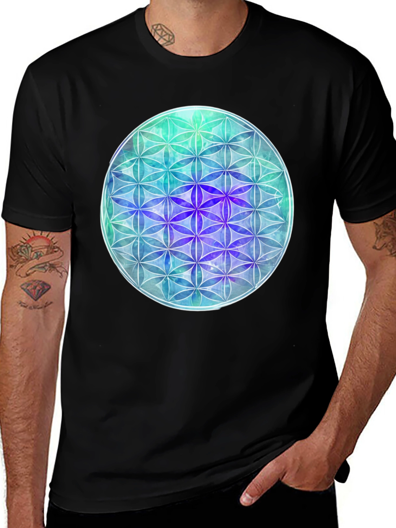 Variant 15 of Flower of Life Black T-Shirt - Sacred Geometry Design
