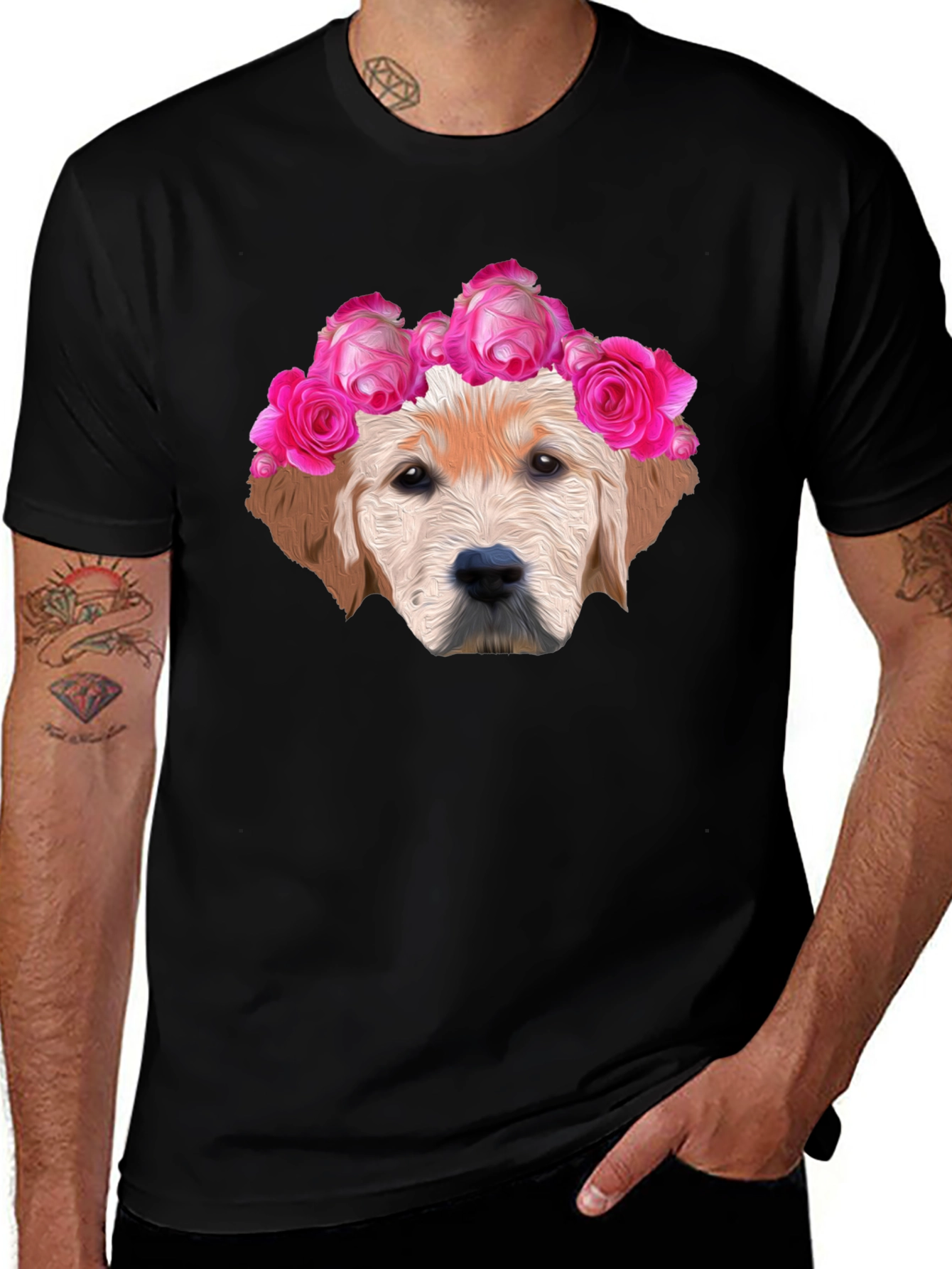 Dog with Floral Crown Graphic Tee - Black