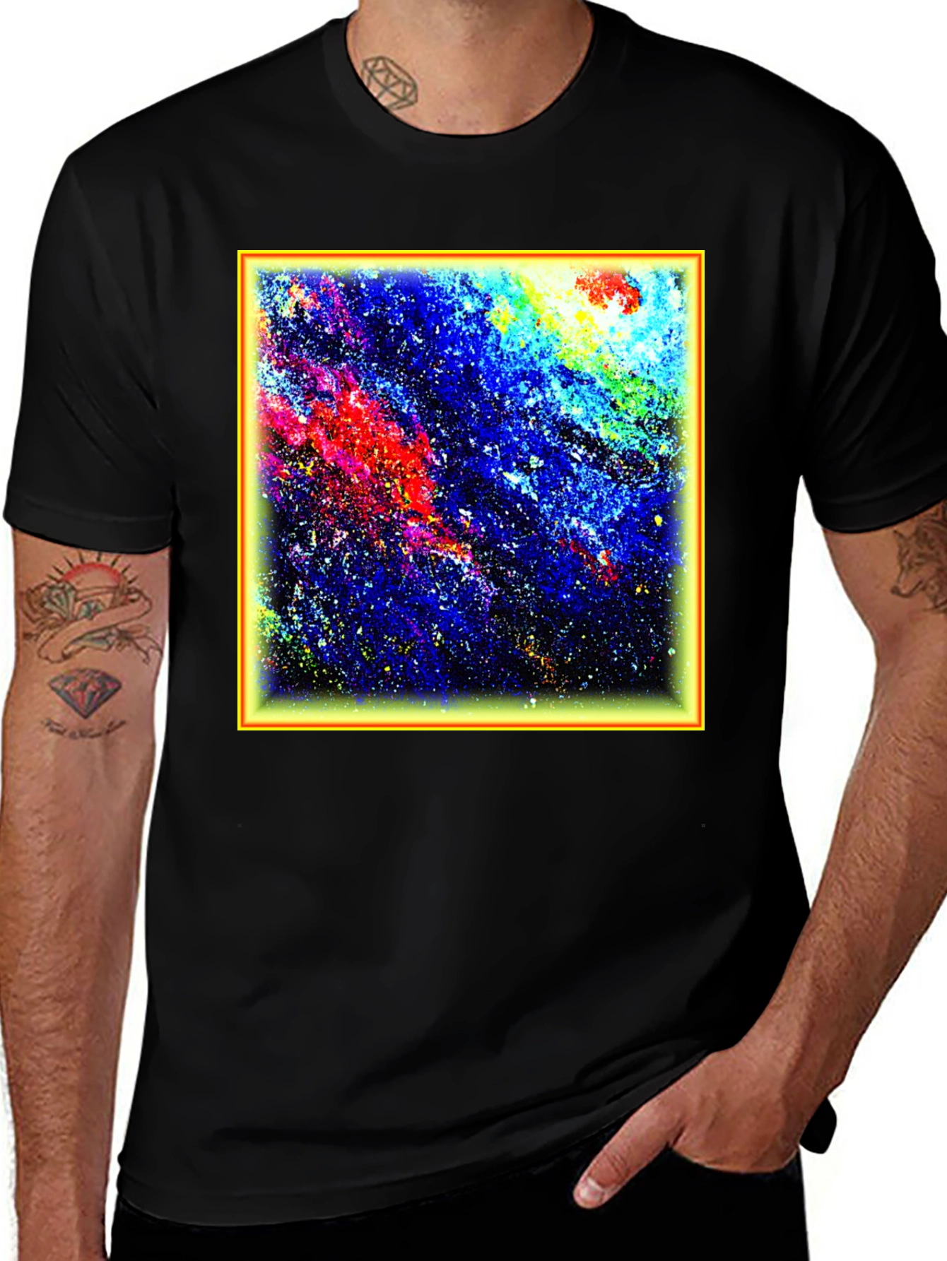 Black Abstract Art T-Shirt - Colorful Galaxy Design main image