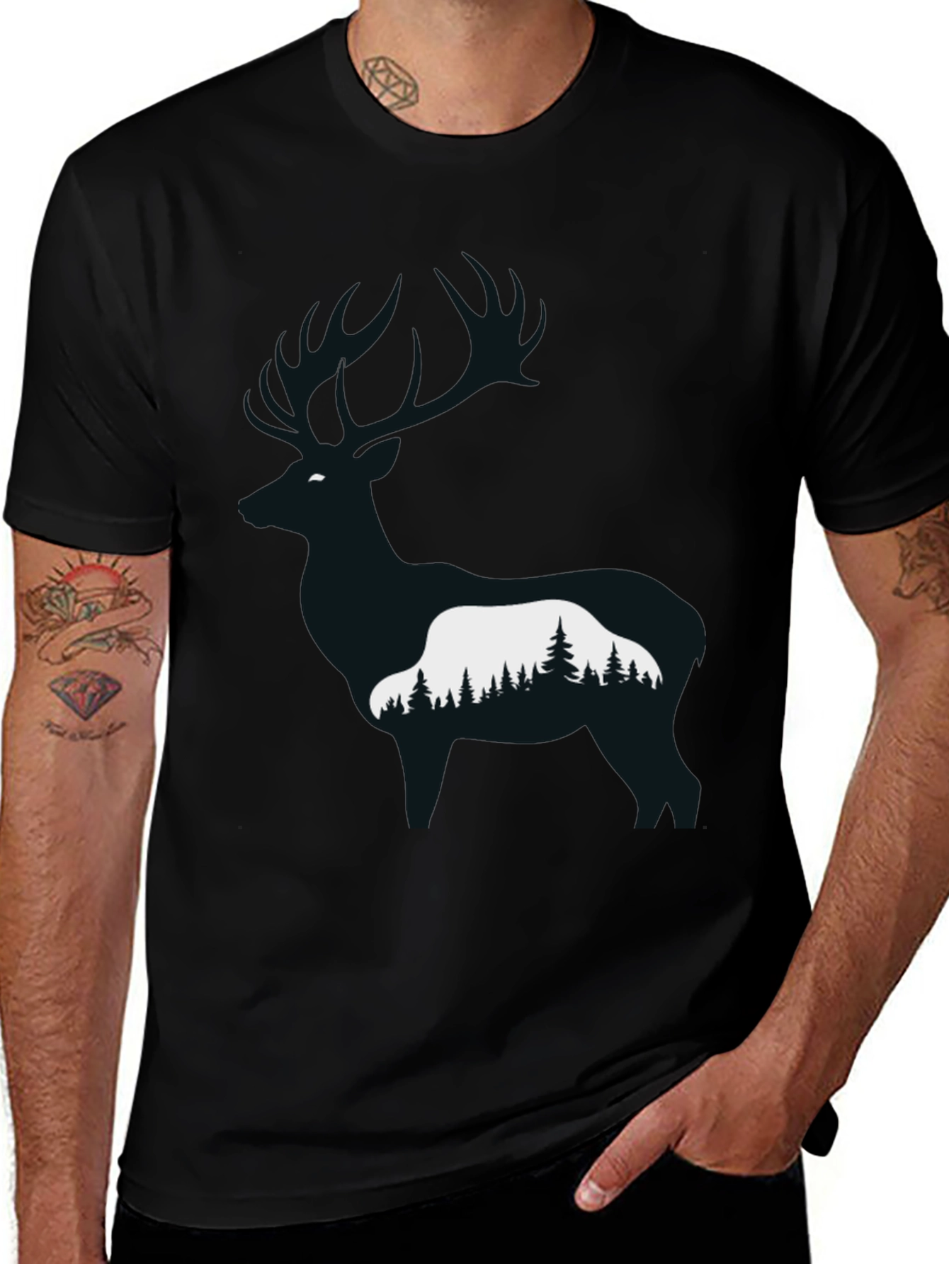 Variant 2 of Deer Silhouette Forest Graphic Tee - Black