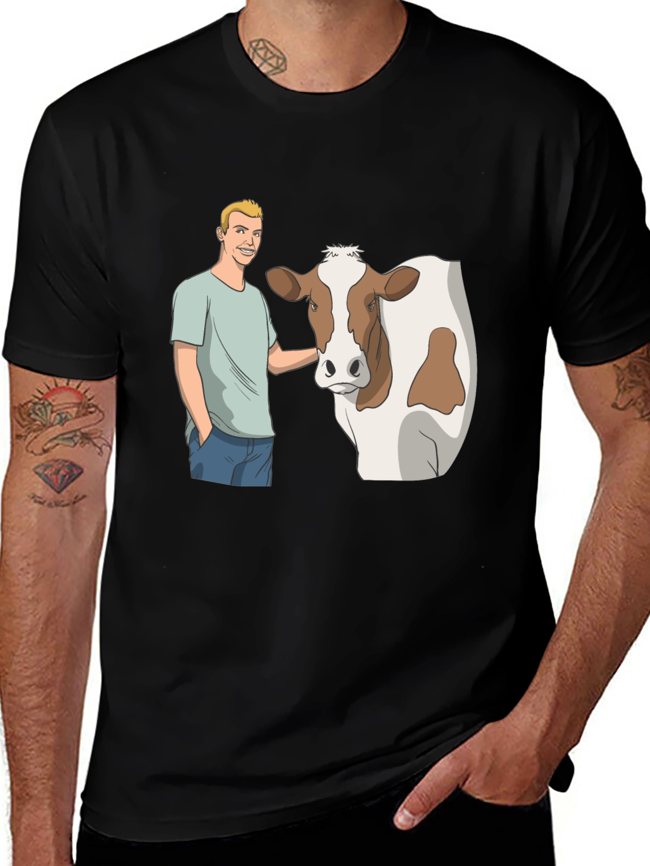 Variant 19 of Cartoon Man & Cow Black T-Shirt